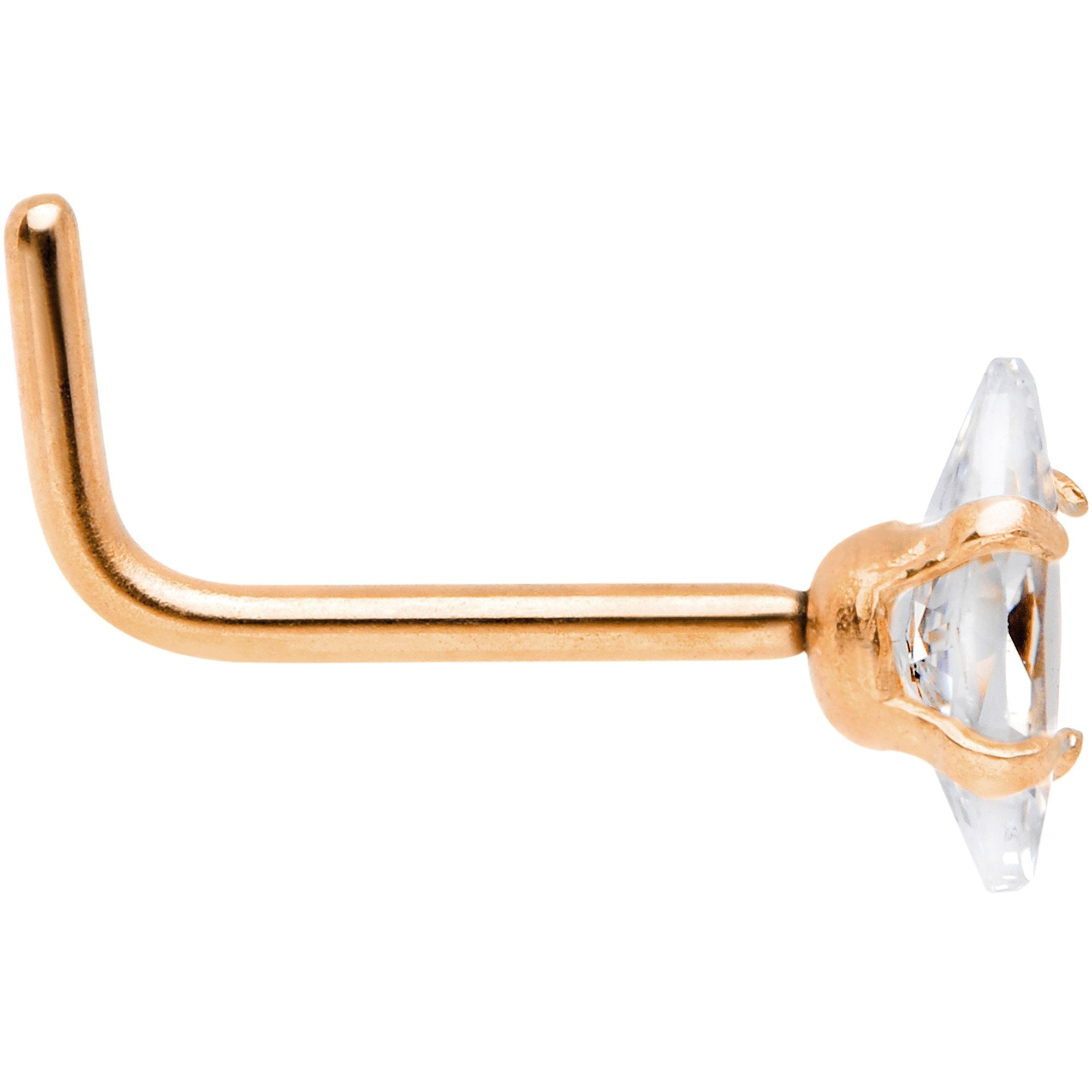 20G 1/4 Clear CZ Gem Rose Gold IP Ellipse L Shape Nose Ring