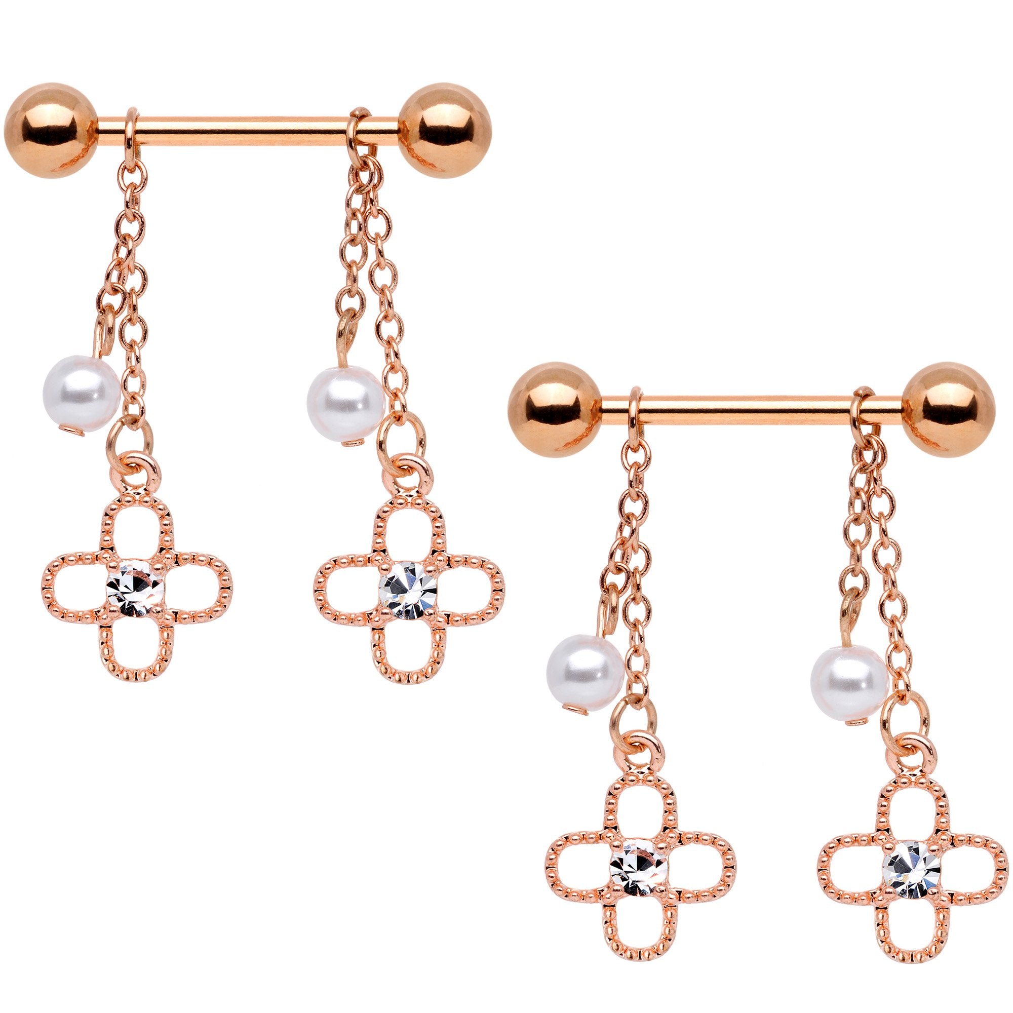 Clear Gem Rose Gold Tone Anodized Plus Dangle Barbell Nipple Ring Set