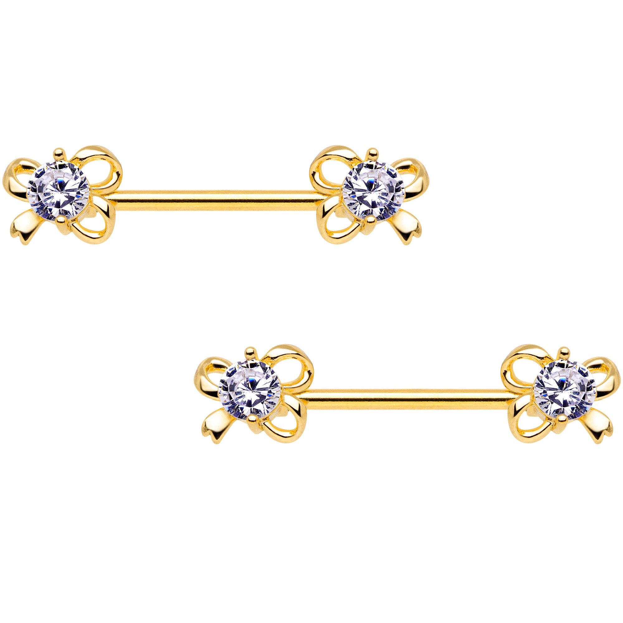 Clear CZ Gem Gold Tone All Tied Up Barbell Nipple Ring Set