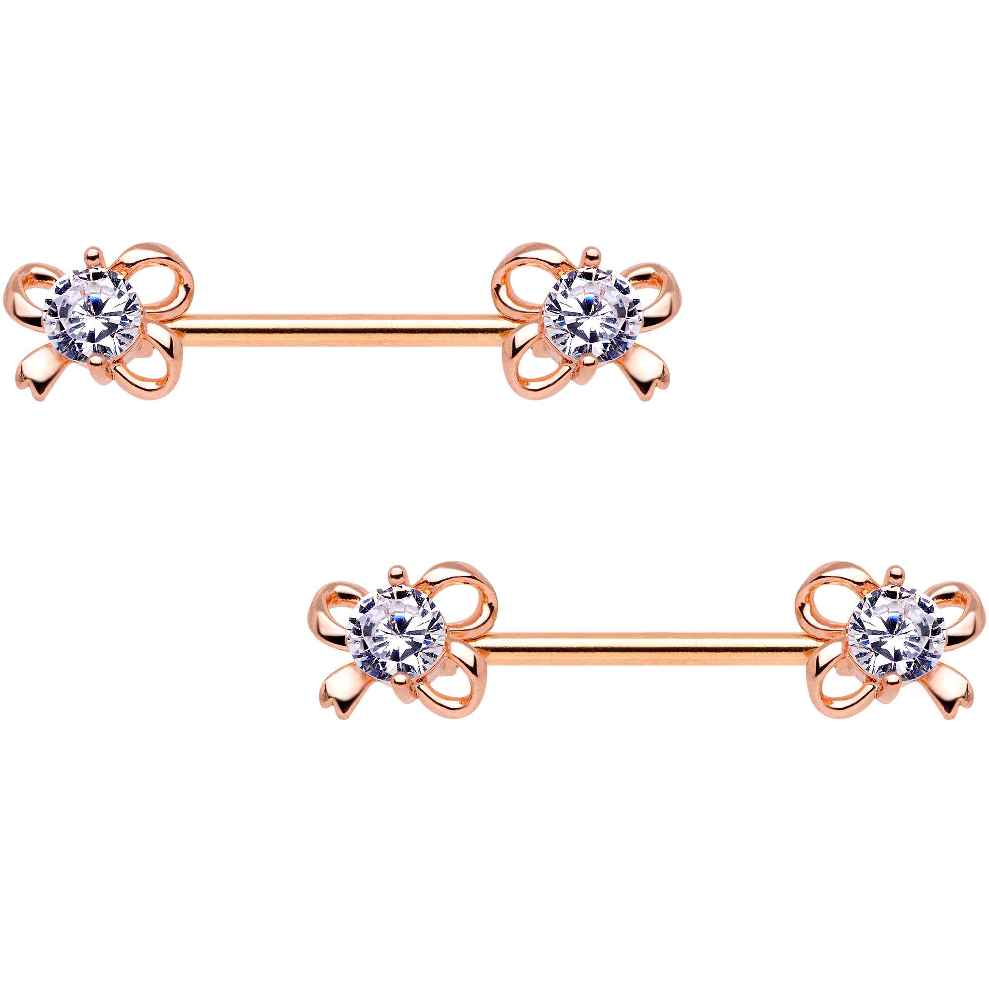 Clear CZ Gem Rose Gold Tone All Tied Up Barbell Nipple Ring Set