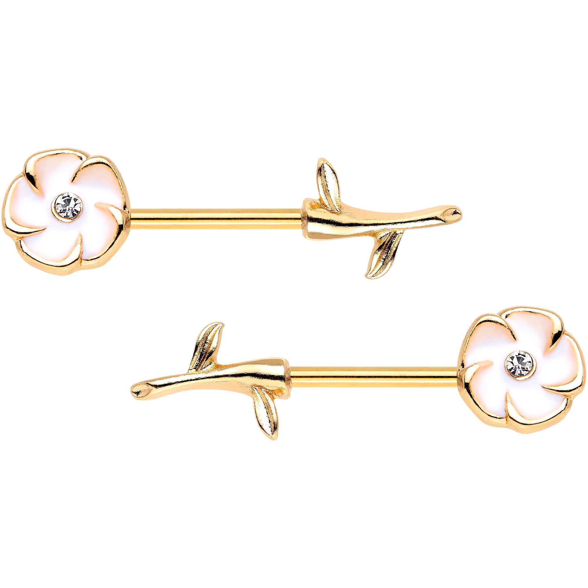 5/8 Clear Gem Gold PVD White Buttercup Flower Barbell Nipple Ring Set