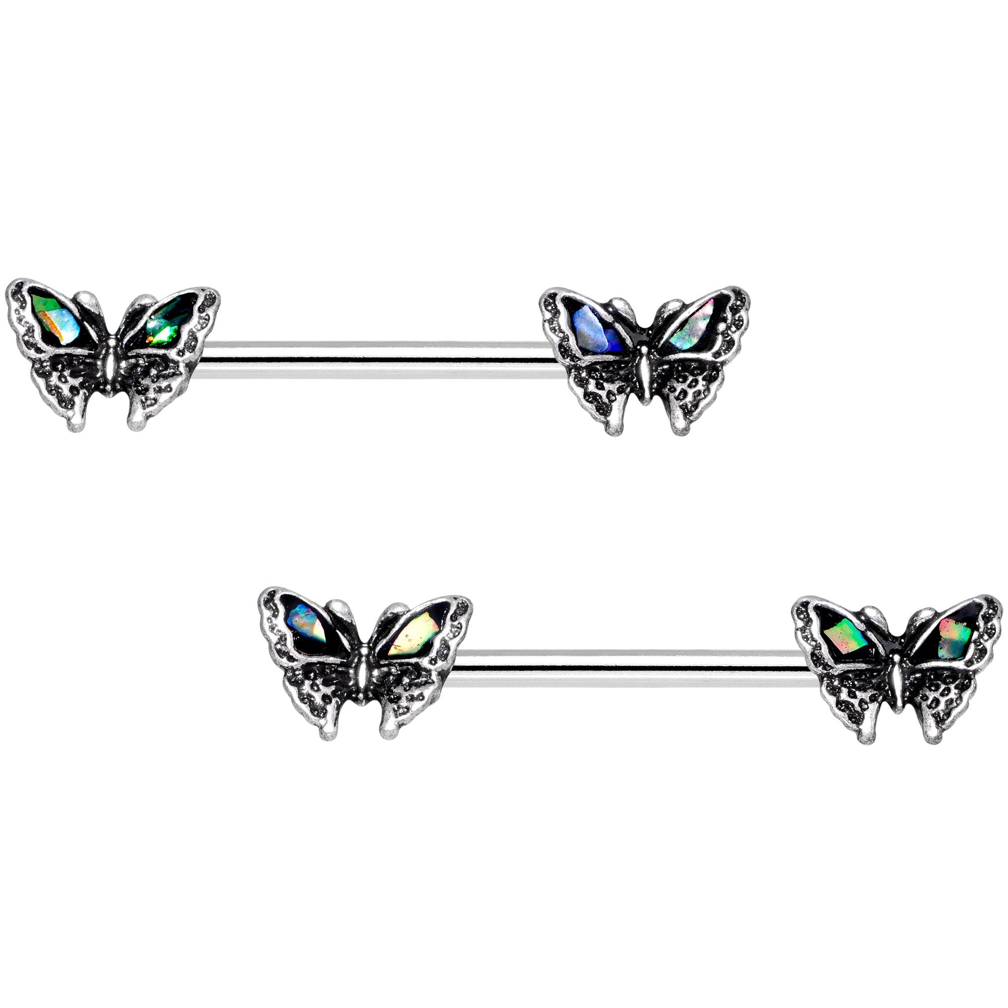 5/8 White Faux Opal Summer Butterfly Barbell Nipple Ring Set