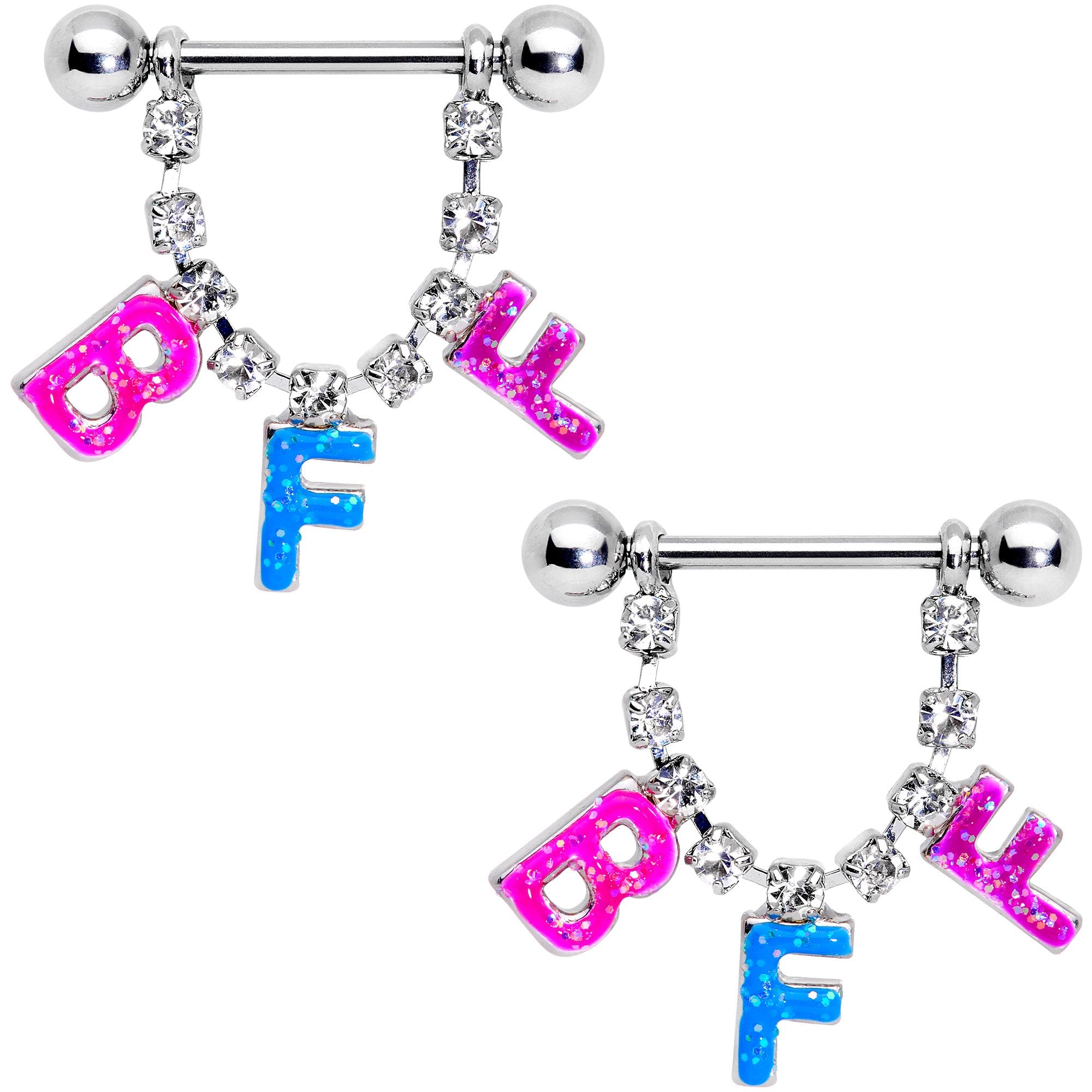 5/8 Blue Pink BFF Best Friends Forever Dangle Nipple Ring Set