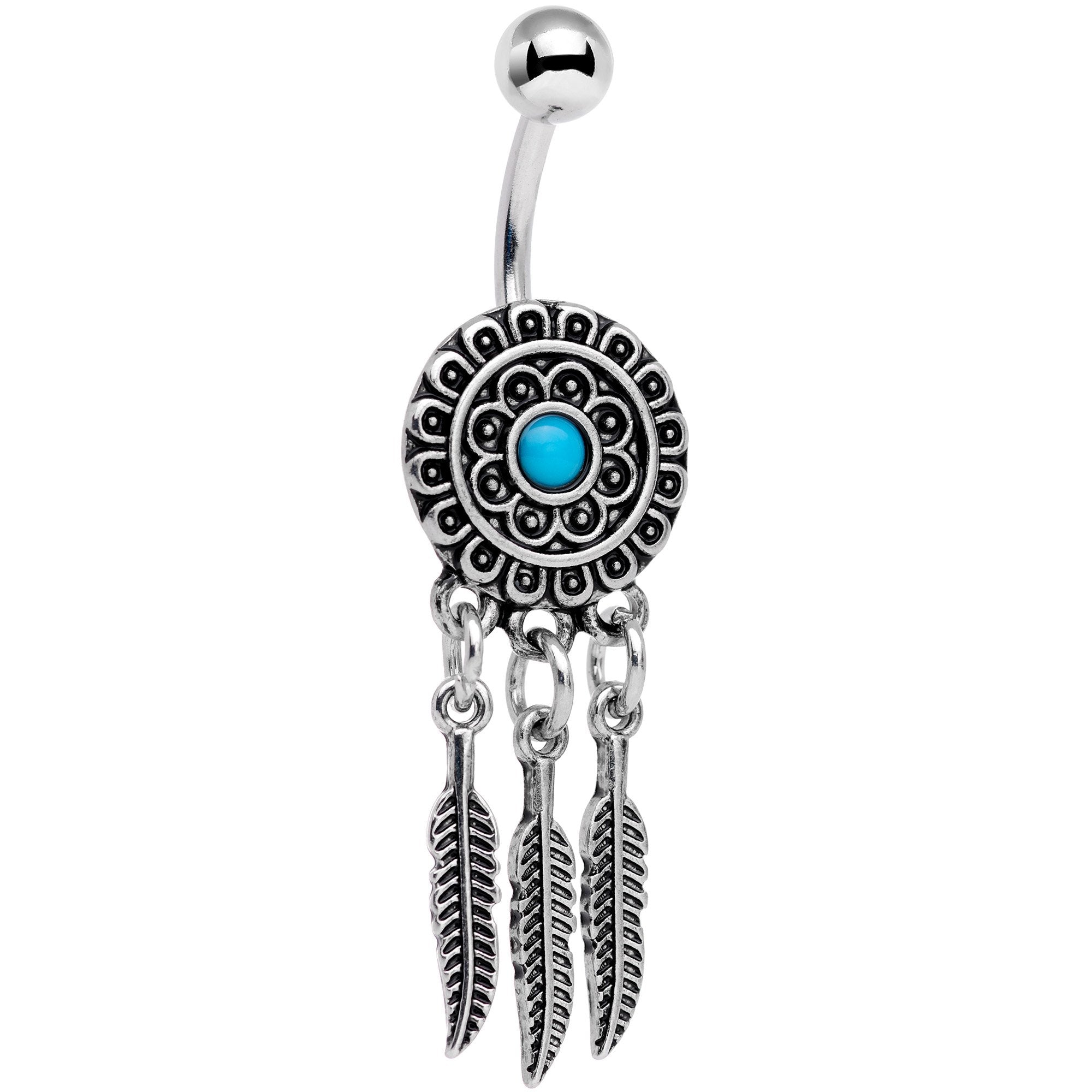 Southwestern Blue Orb Feather Dreamcatcher Dangle Belly Ring