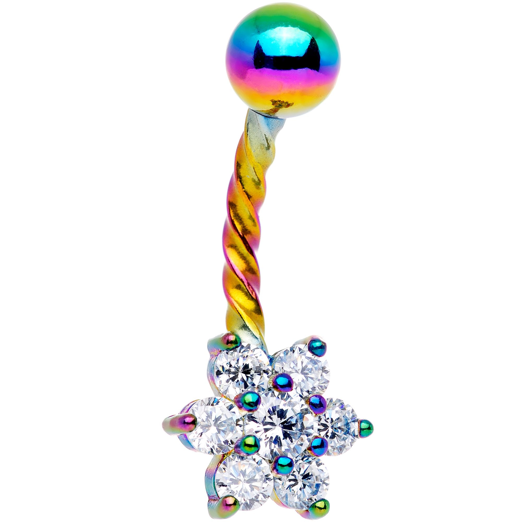 Clear CZ Gem Rainbow Flower Seriously Twisted Belly Ring