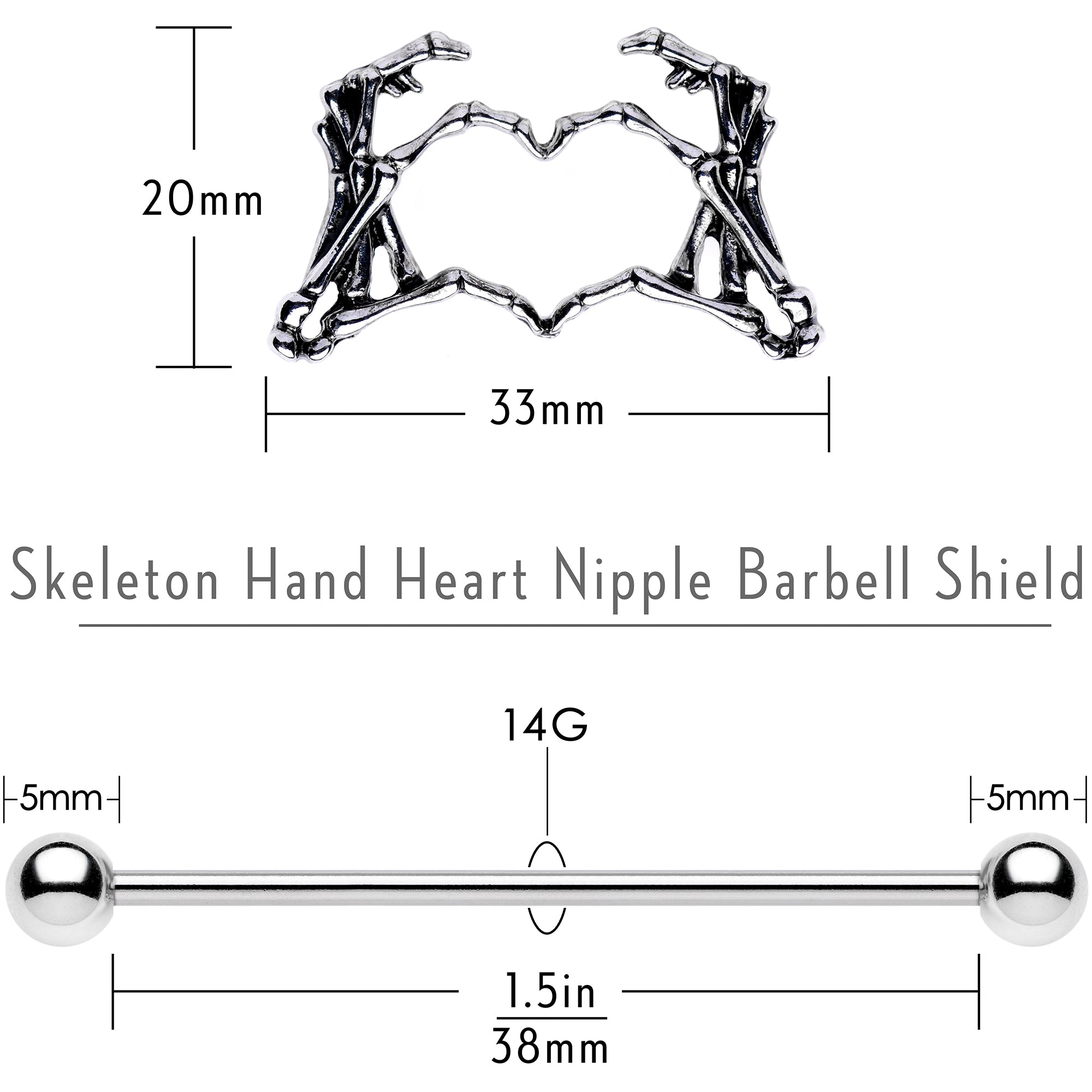 1 1/2 Skeleton Hand Heart Nipple Barbell Shield Set