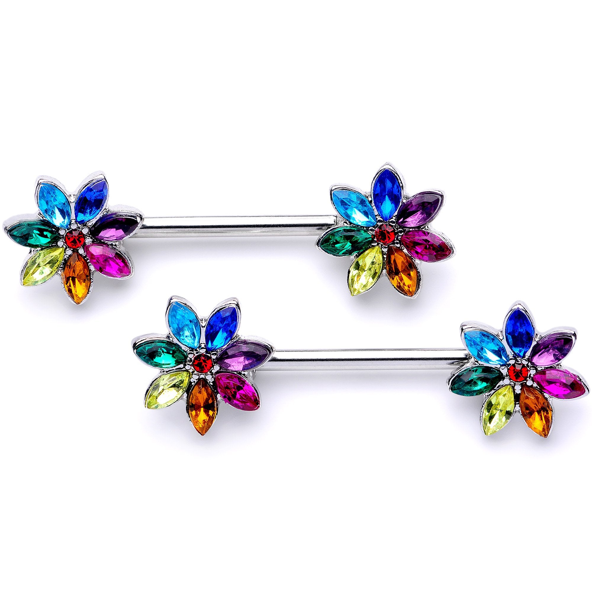 9/16 Rainbow CZ Gem Spectrum Flower Barbell Nipple Ring Set