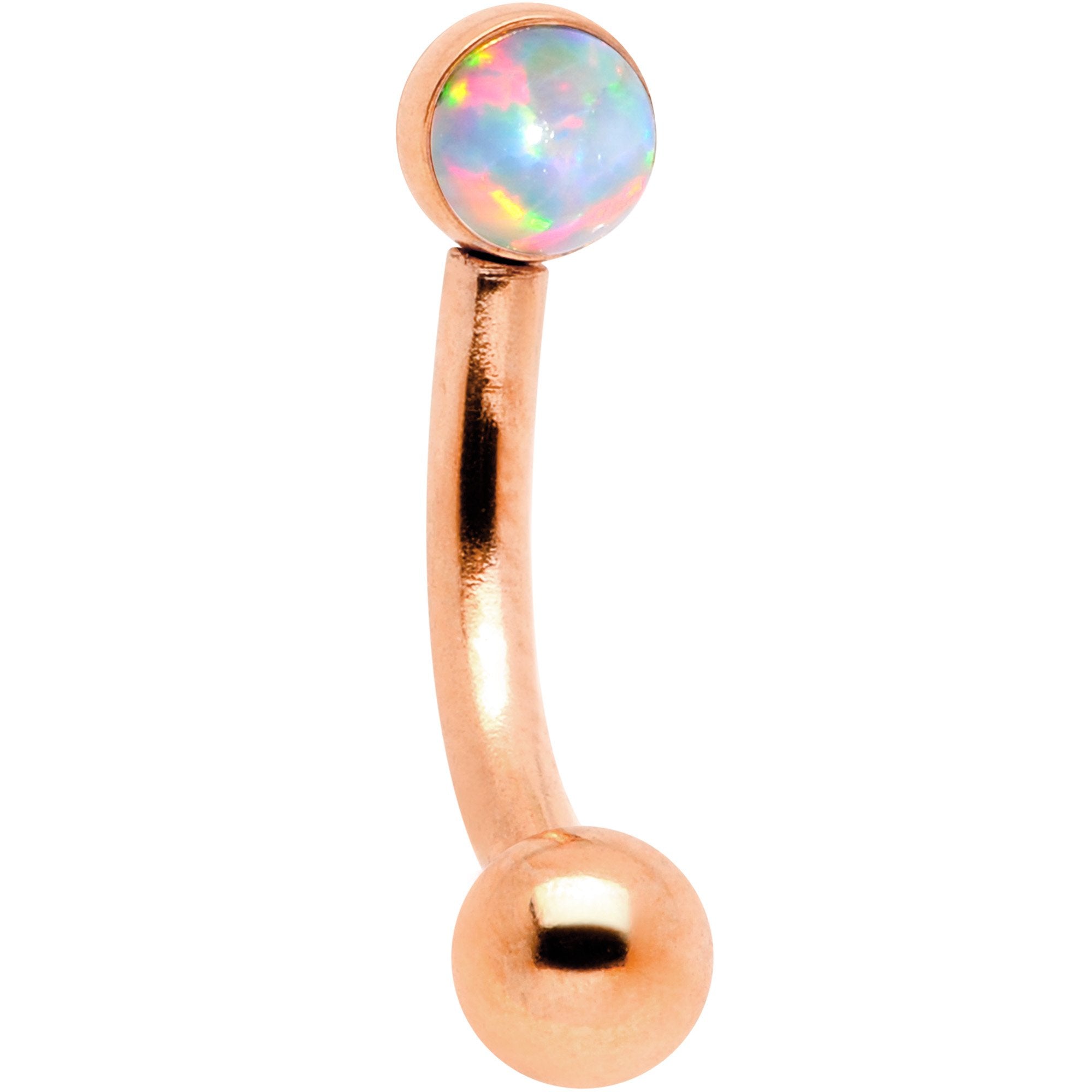 16 Gauge 1/4 White Synthetic Opal Flat Set Rose Gold IP Curved Eyebrow Rook Piercing