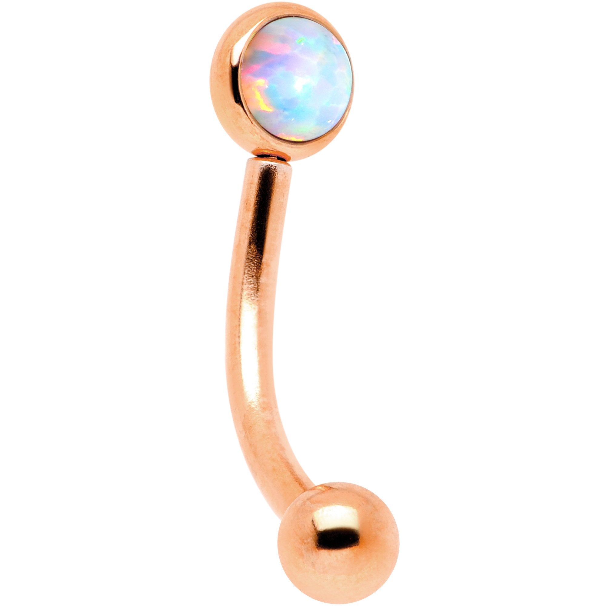 16 Gauge 5/16 White Synthetic Opal Flat Set Rose Gold IP Curved Eyebrow Rook Piercing