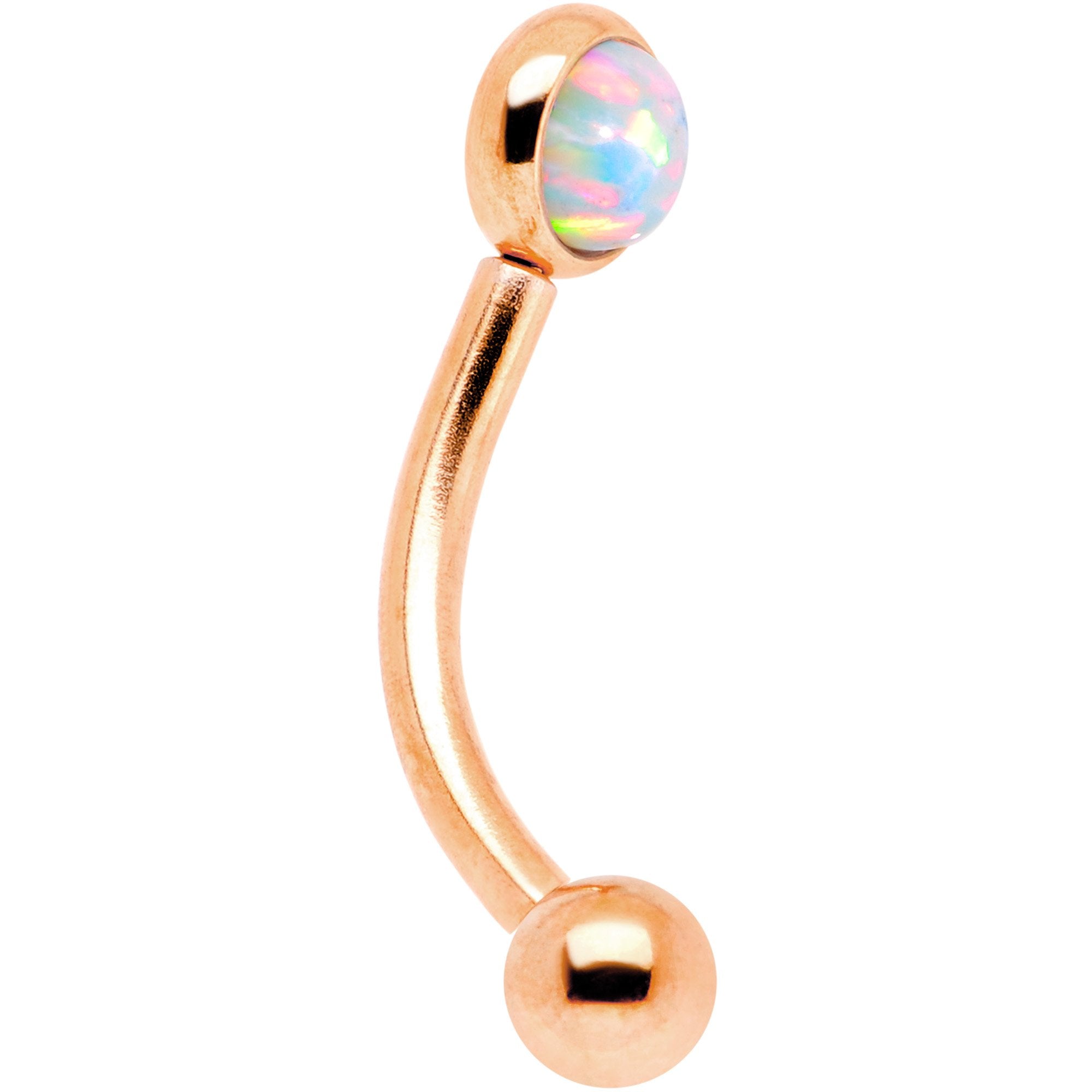 16 Gauge 5/16 White Synthetic Opal Flat Set Rose Gold IP Curved Eyebrow Rook Piercing