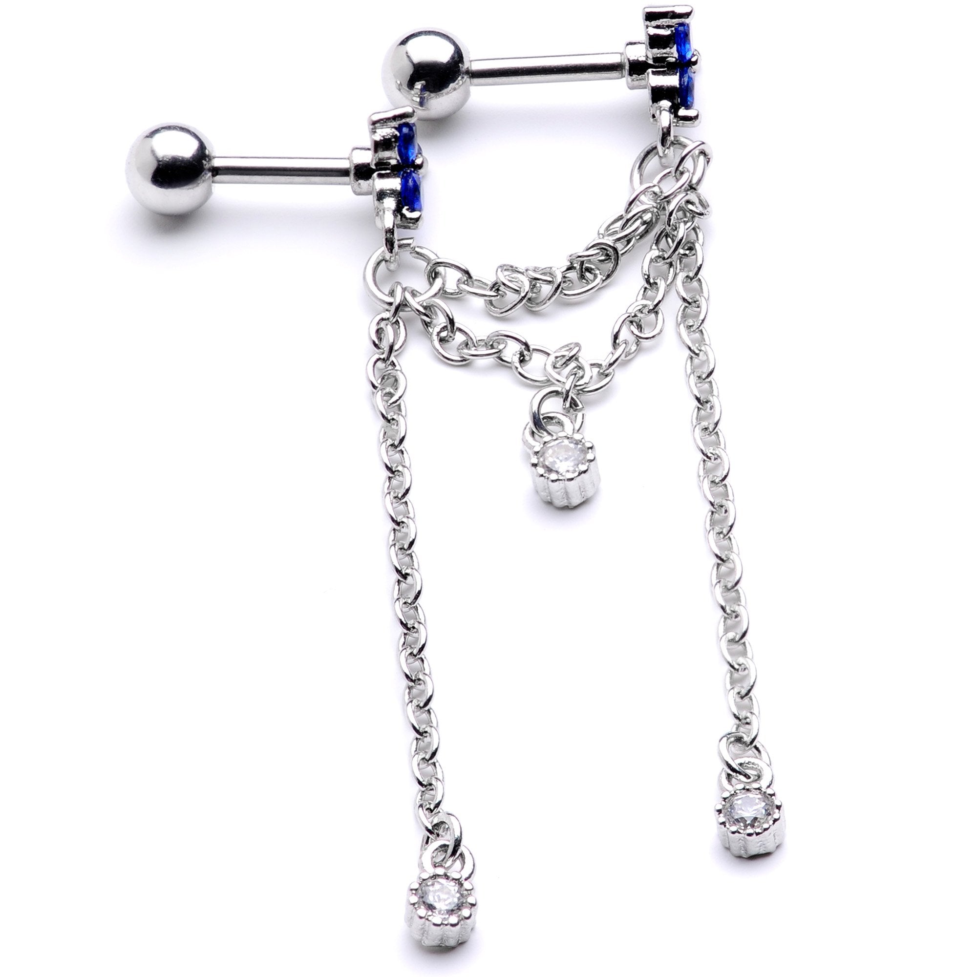 16 Gauge 1/4 Clear Blue Gem Cute Clusters Cartilage Chain Earring