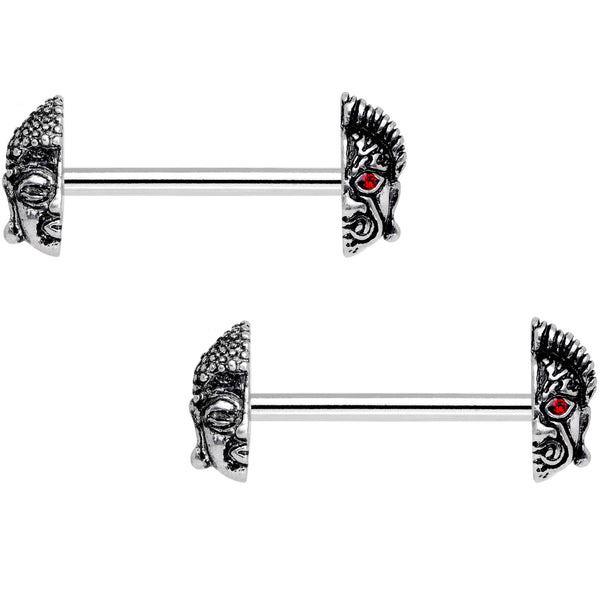 9/16 Red CZ Gem Android Buddha Barbell Nipple Ring Set