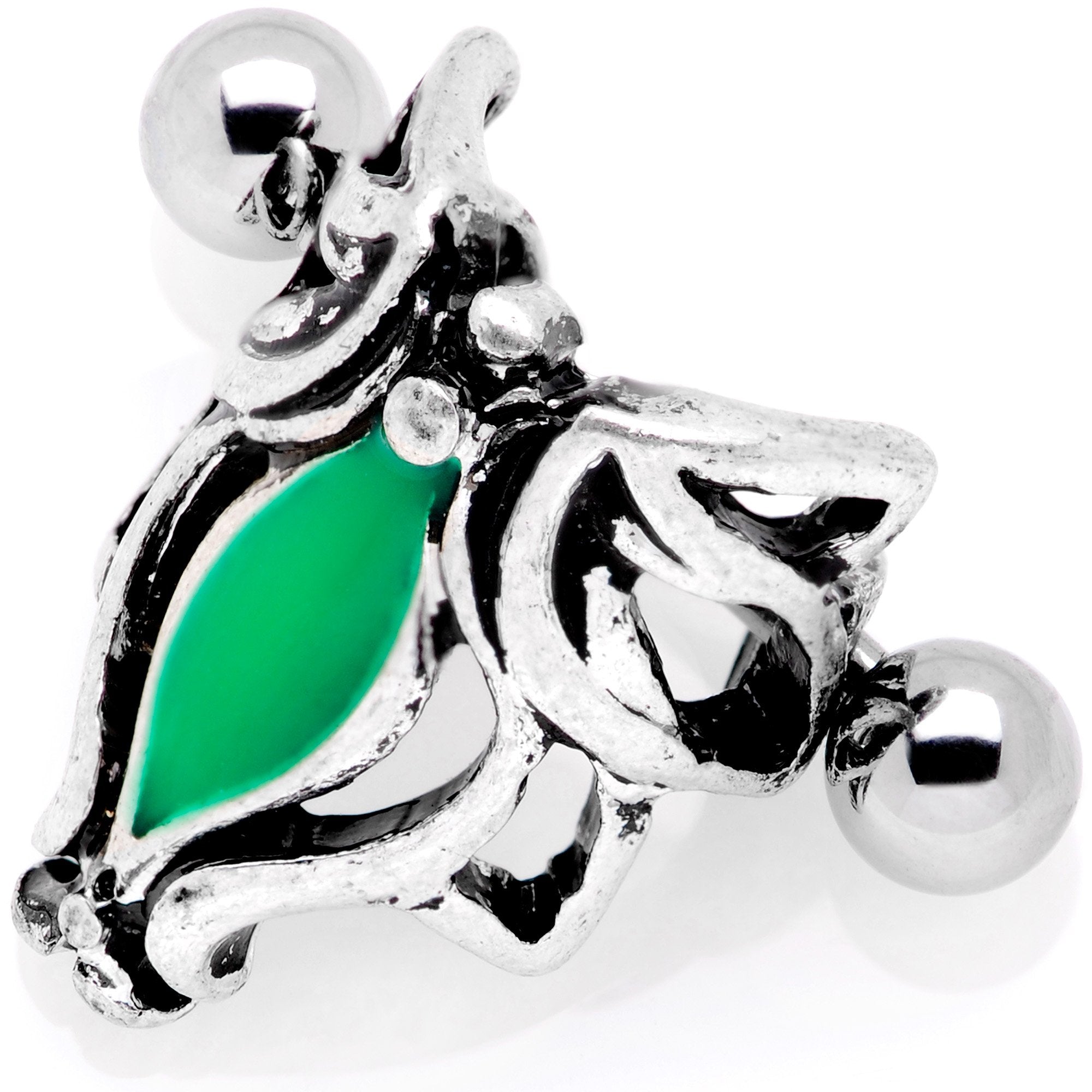 16 Gauge 1/2 Green Accented Abstract Butterfly Cuff Cartilage Earring