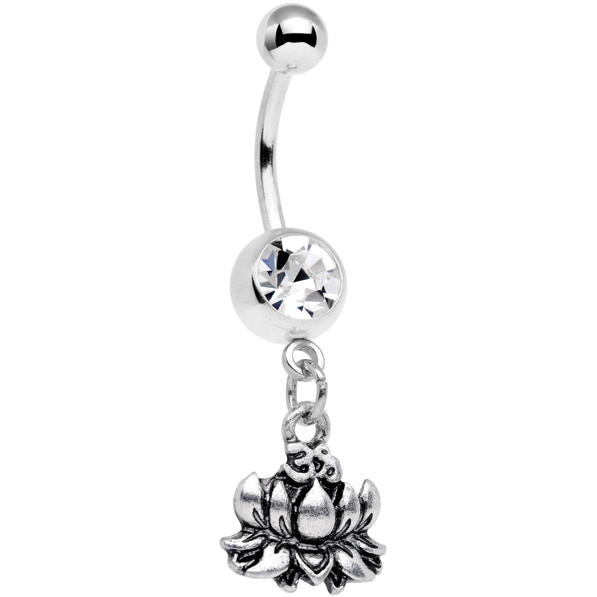 Clear Gem Solid Lotus Flower Dangle Belly Ring