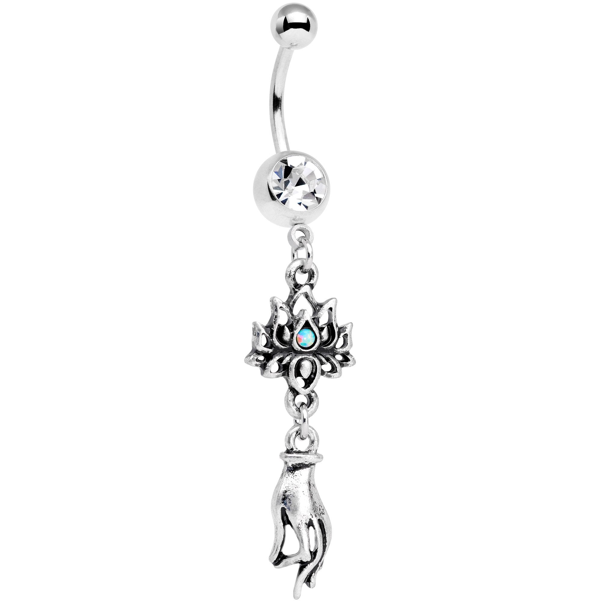 Clear Gem Blue Synthetic Opal Sacred Symbol Lotus Flower Dangle Belly Ring