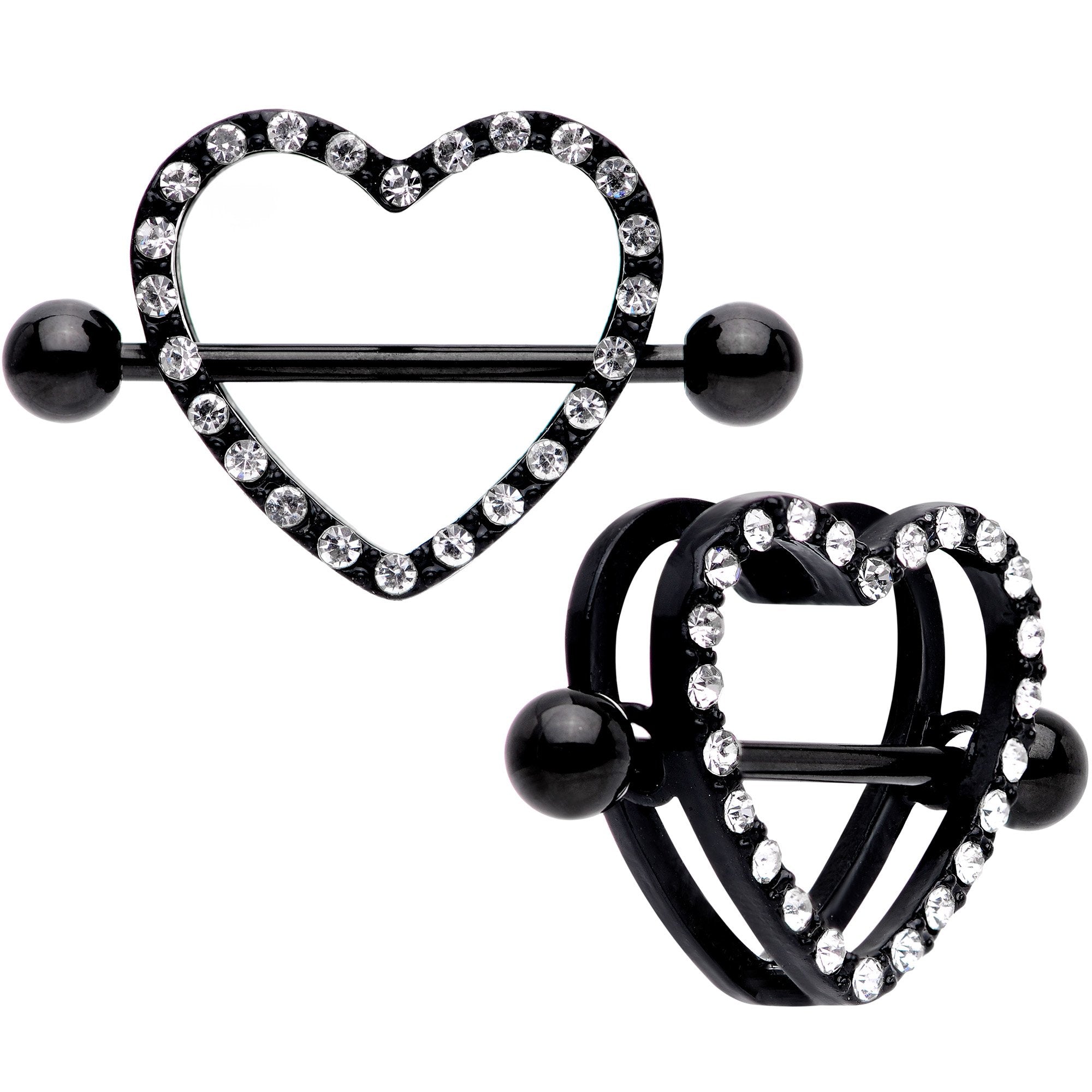 14 Gauge 5/8 Clear Gem Black Valentine Heart Nipple Ring Set
