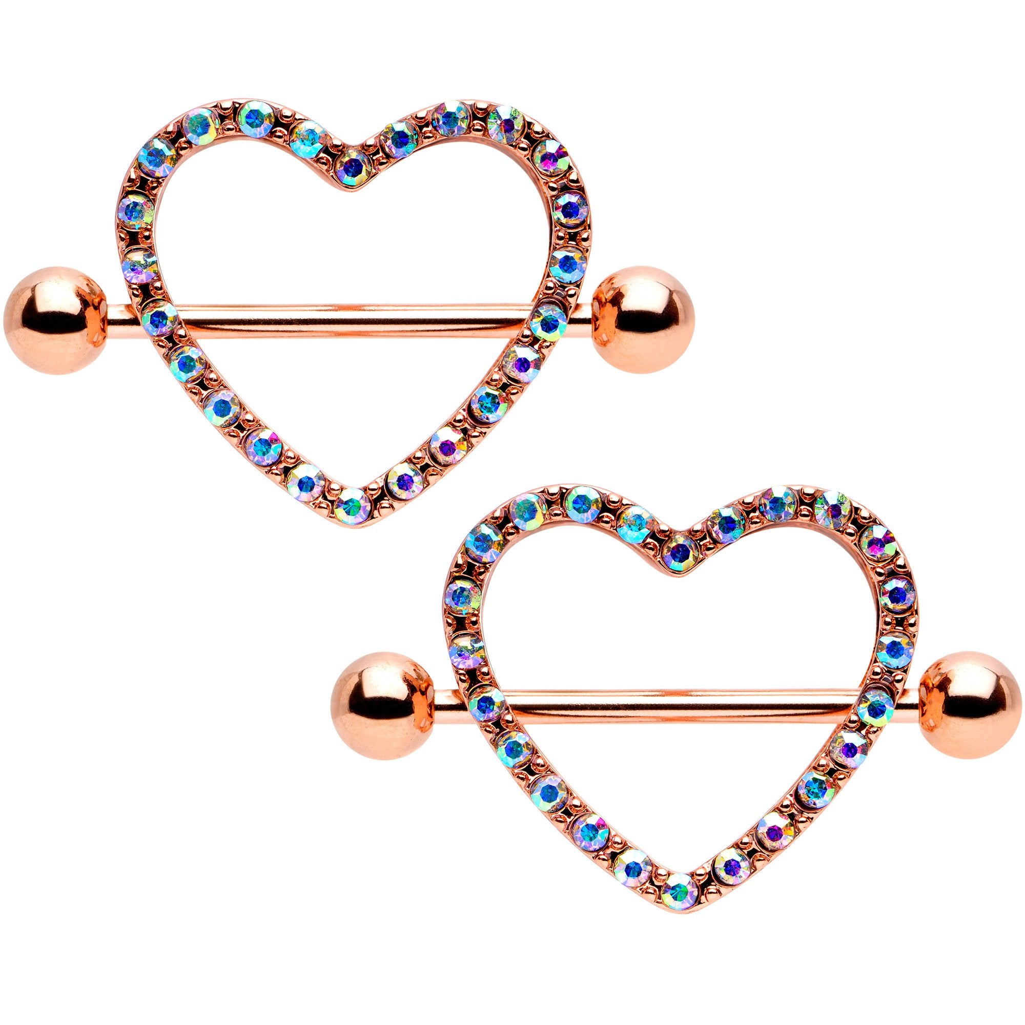 14 Gauge 5/8 Aurora Gem Rose Gold Tone Valentine Heart Nipple Ring Set