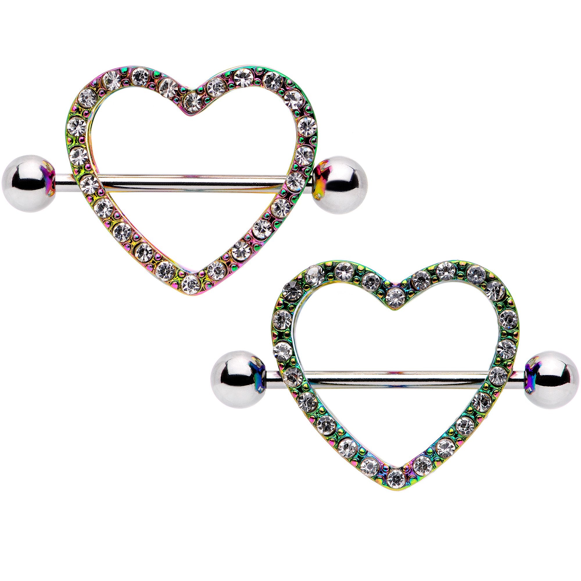 14 Gauge 5/8 Clear Gem Rainbow Valentine Heart Nipple Ring Set