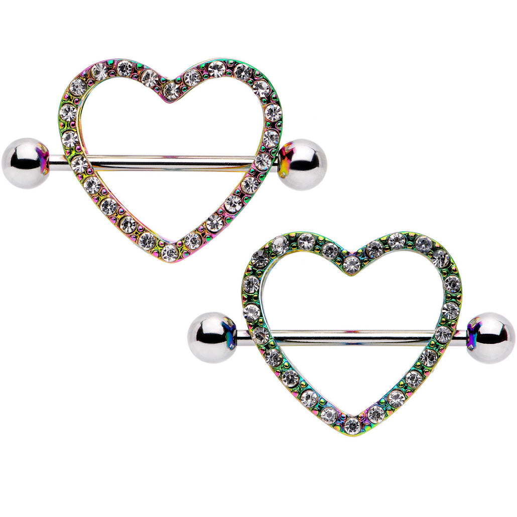 14 Gauge 5/8" Clear Gem Rainbow Valentine Heart Nipple Ring Set