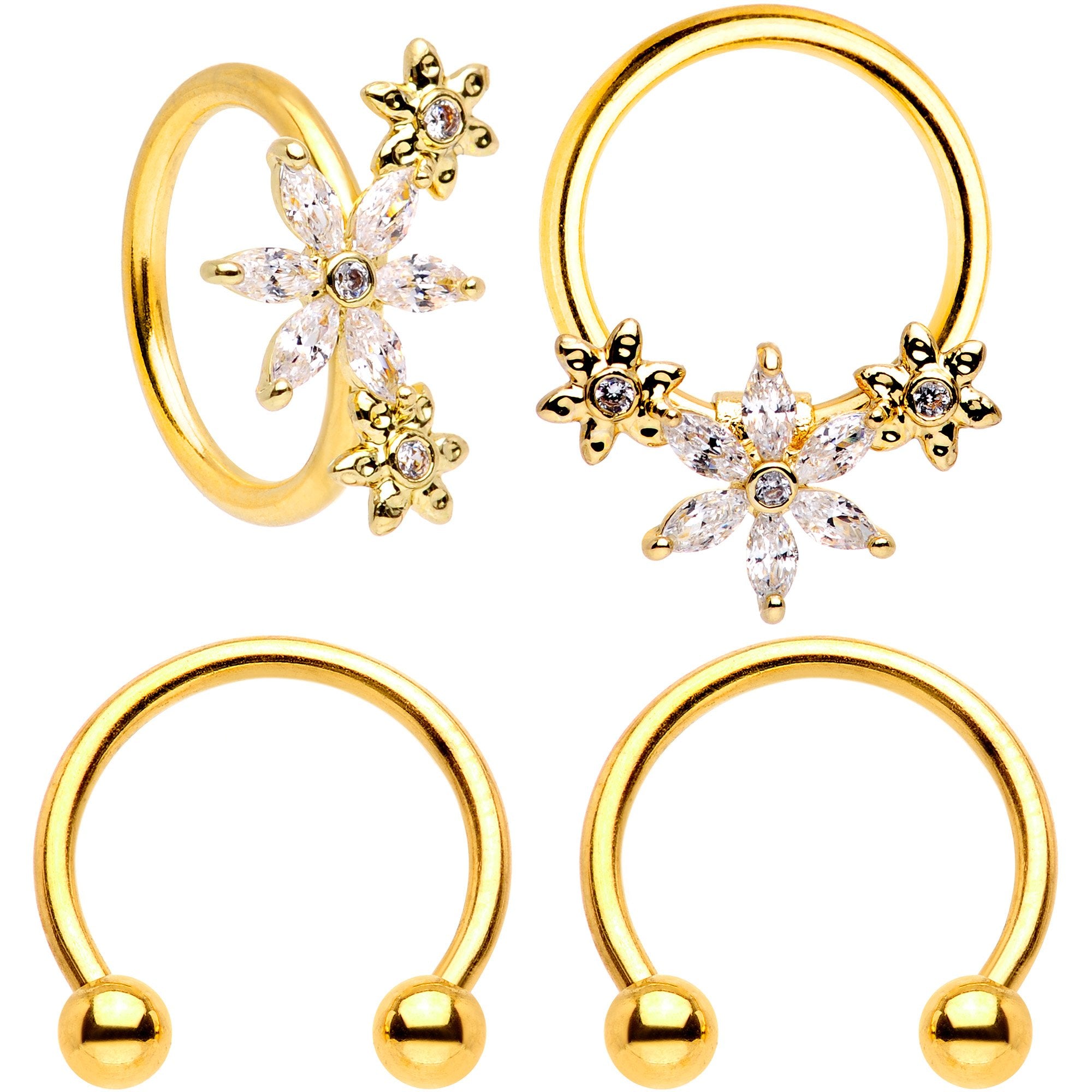 16G 3/8 Clear CZ Gem Gold Tone Fun Flowers Horseshoe BCR Captive Ring Set