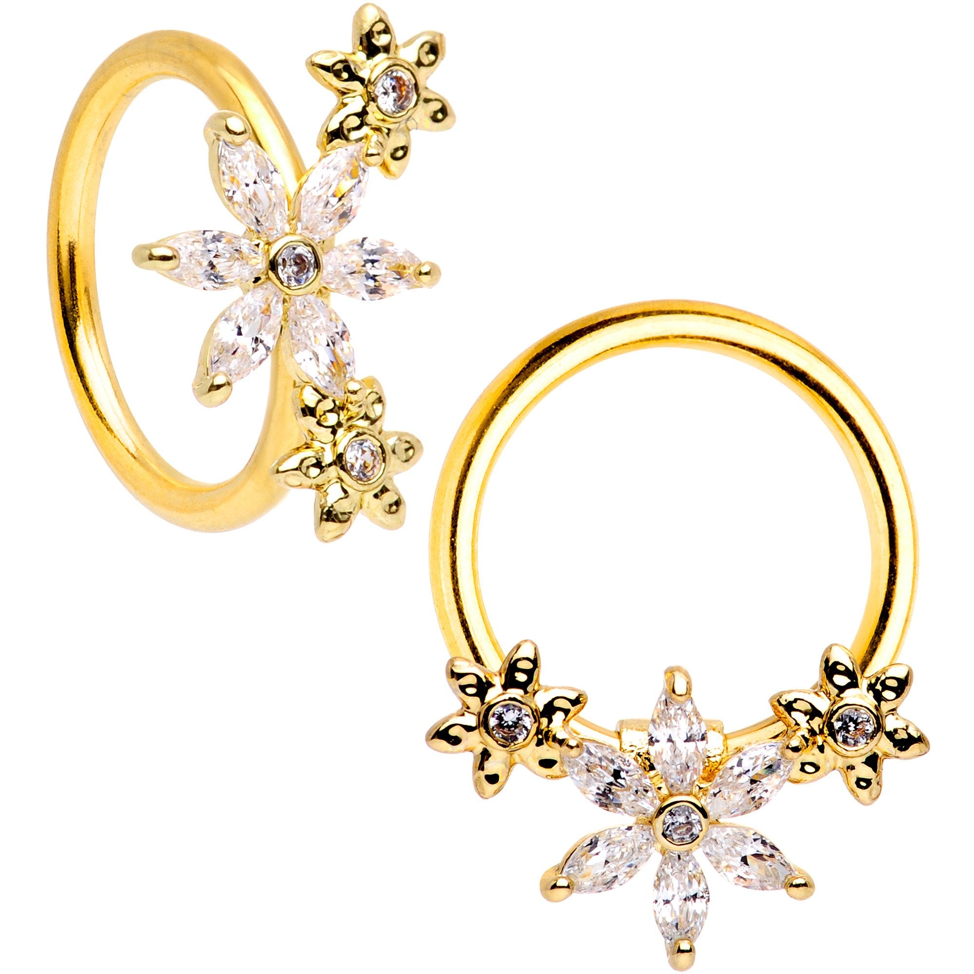 16G 3/8 Clear CZ Gem Gold Tone Fun Flowers Horseshoe BCR Captive Ring Set