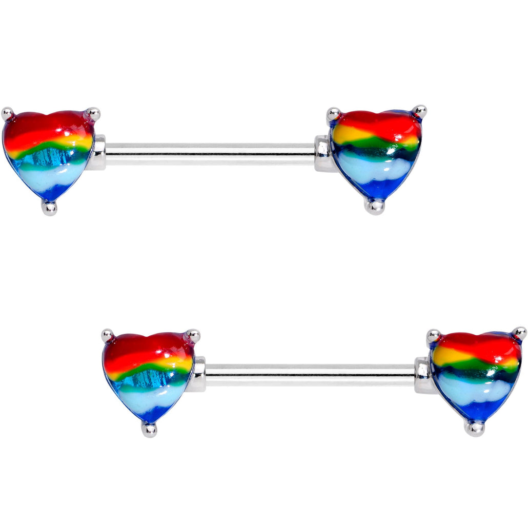 14 Gauge 9/16"Melting Rainbow Heart Barbell Nipple Ring Set