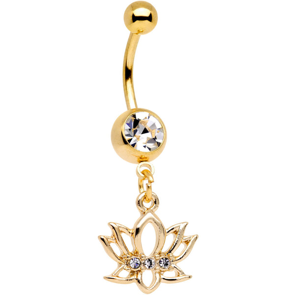 Clear Gem Gold Tone Luck Be a Lotus Flower Dangle Belly Ring