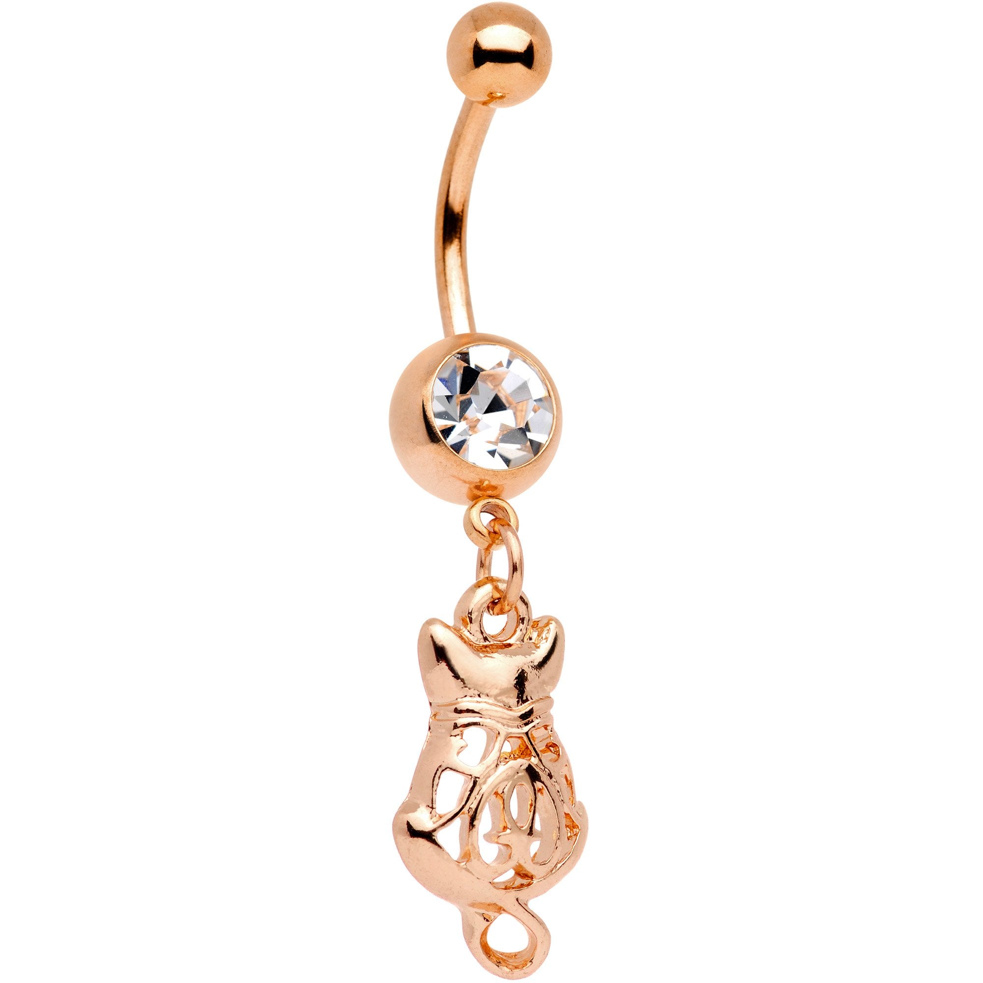 Clear Gem Rose Gold Tone Anodized Fashion Cat Dangle Belly Ring