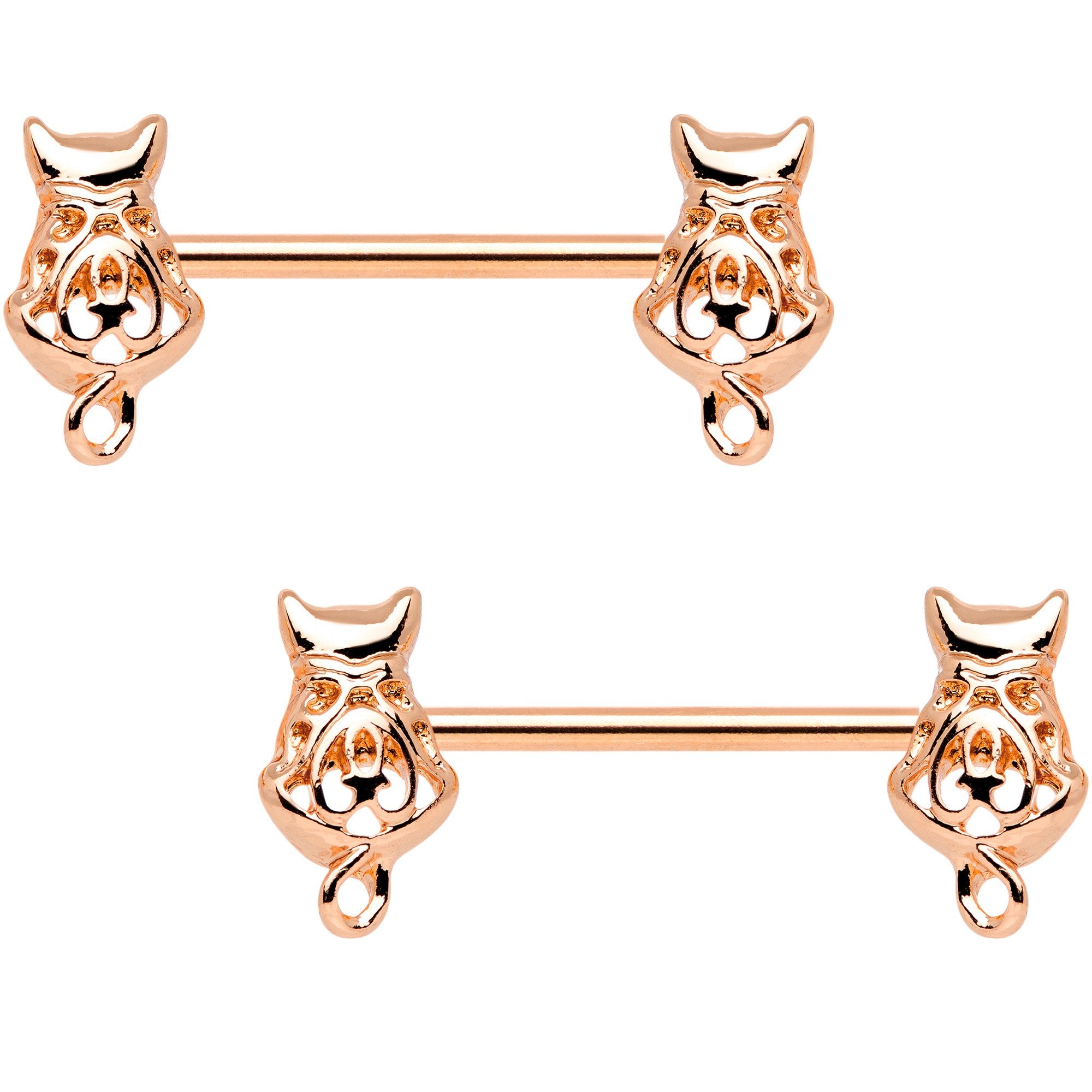 14G 9/16 Rose Gold Tone Kitty Cat Barbell Nipple Ring Set