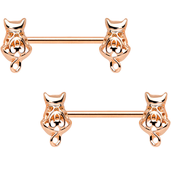 14 Gauge 9/16 Rose Gold Tone Kitty Cat Barbell Nipple Ring Set