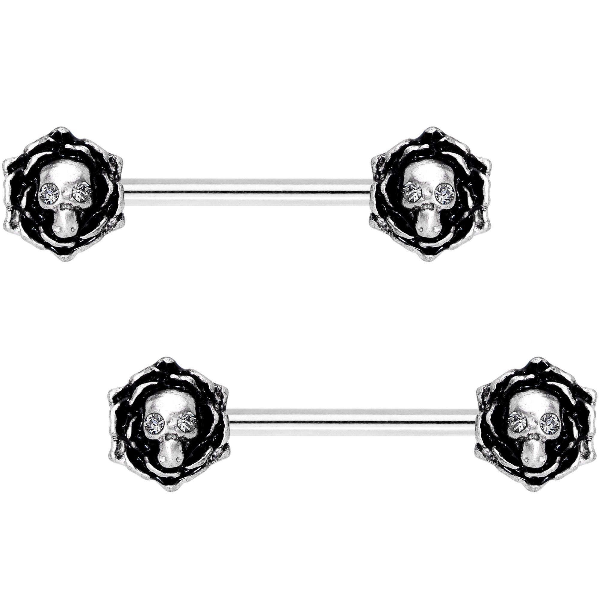14G 9/16 Clear Gem Skull Rose Flower Barbell Nipple Ring Set