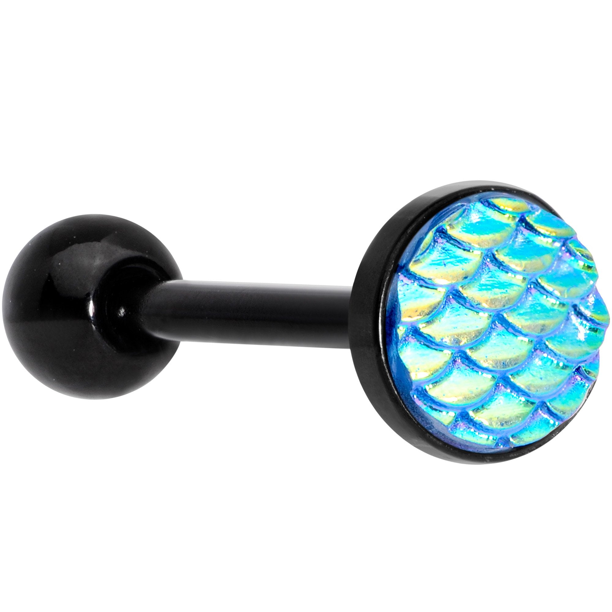 Black PVD Aqua Mermaid Scale Barbell Tongue Ring