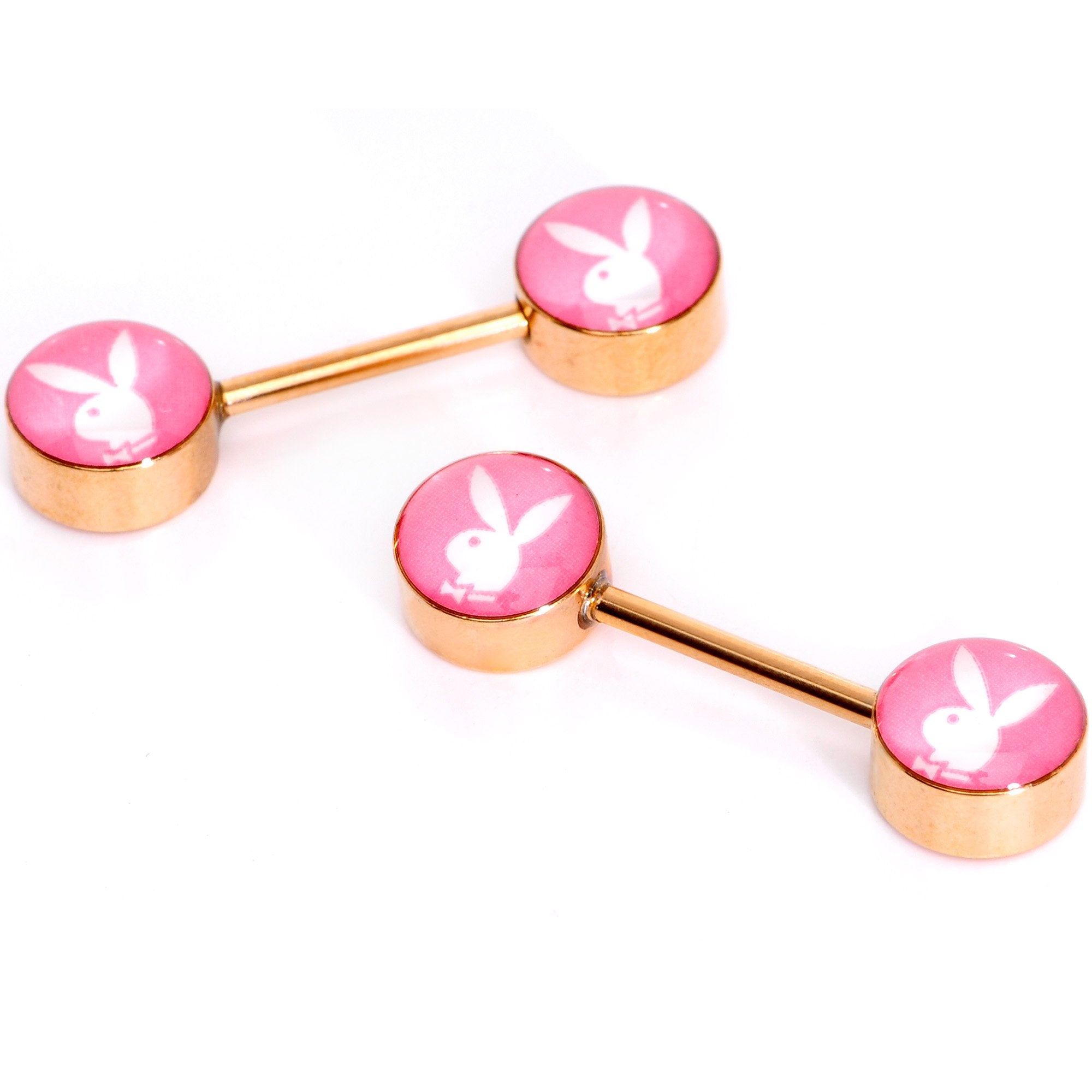 Licensed Pink White Playboy Bunny Gold Tone Barbell Nipple Ring Set