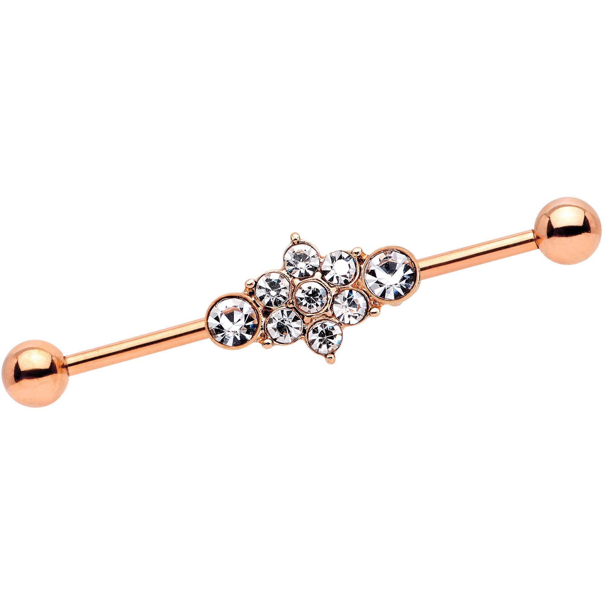 14G Clear Gem Rose Gold IP Floral Cluster Industrial Barbell 38mm