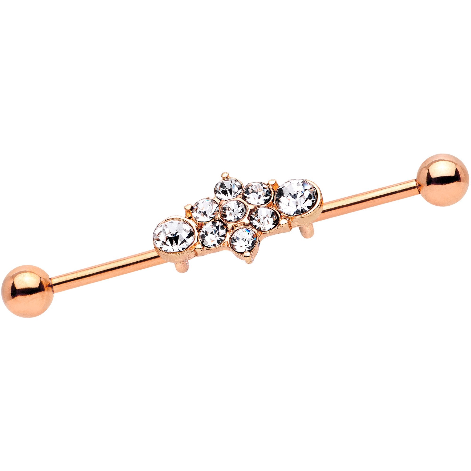 14G Clear Gem Rose Gold IP Floral Cluster Industrial Barbell 38mm