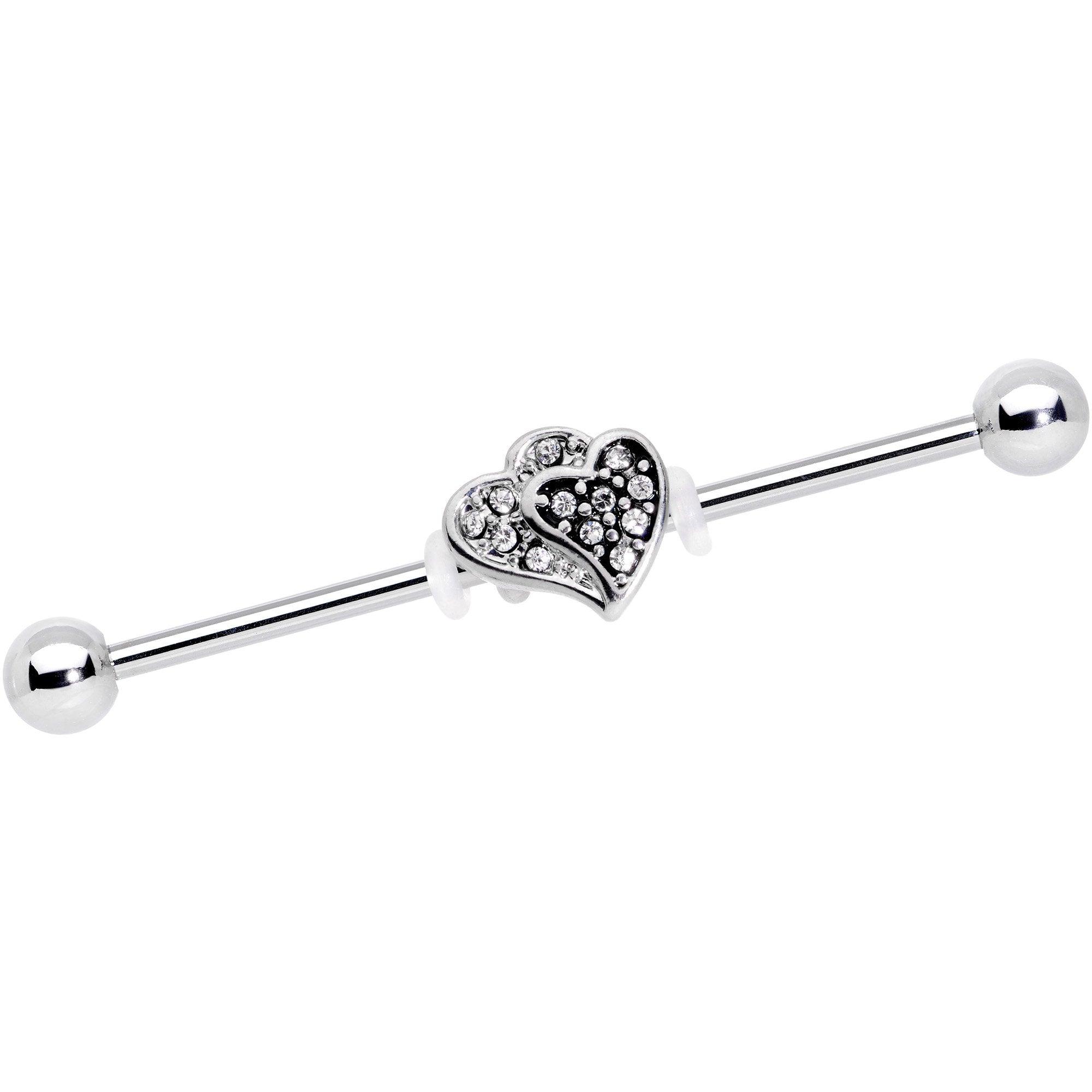 Clear Gem Double Hearts Charm Straight Industrial Barbell 38mm