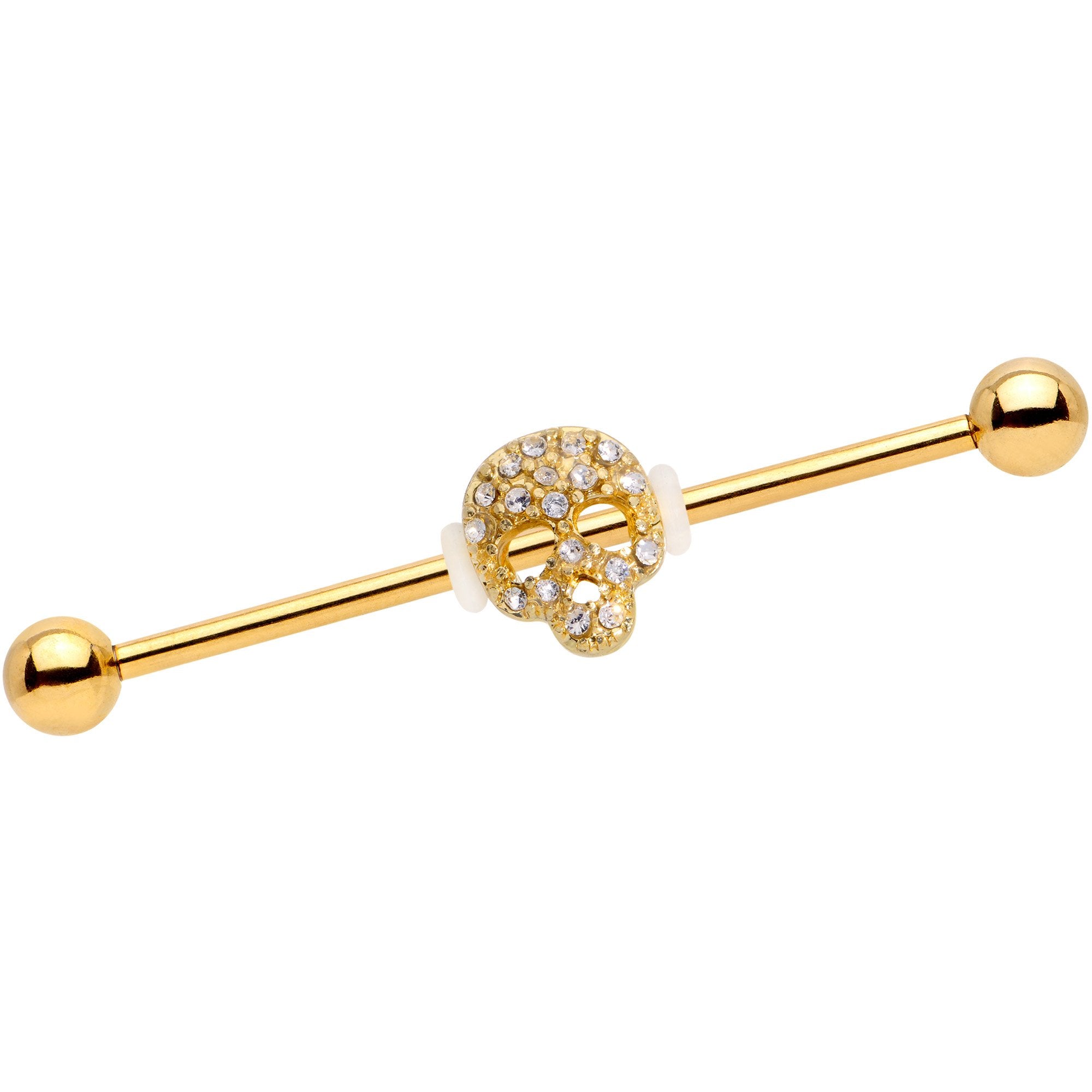 Clear Gem Skull Charm Gold Anodized Straight Industrial Barbell 38mm