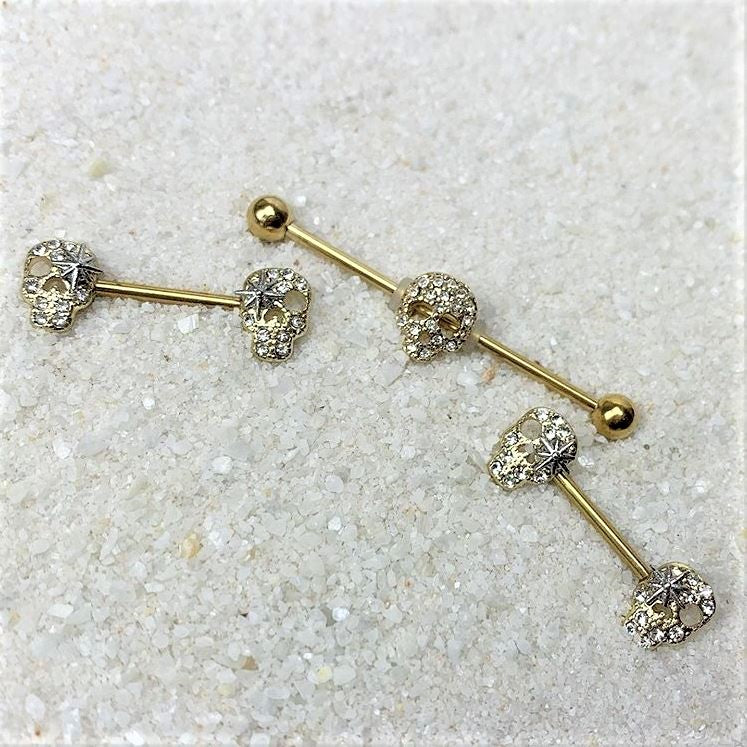 Clear Gem Skull Charm Gold Anodized Straight Industrial Barbell 38mm