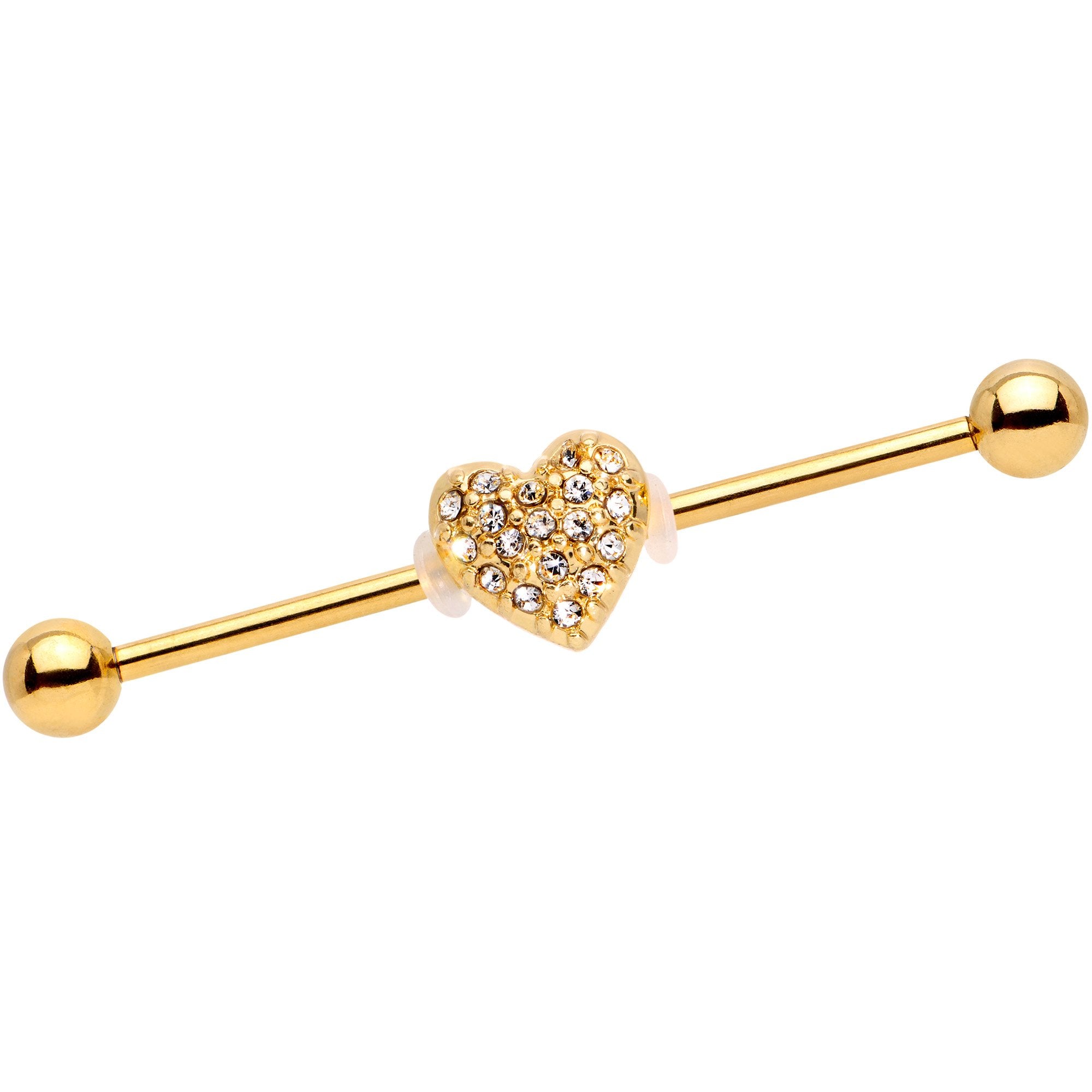 14 Gauge Clear Gem Heart Gold Anodized Straight Industrial Barbell 38mm