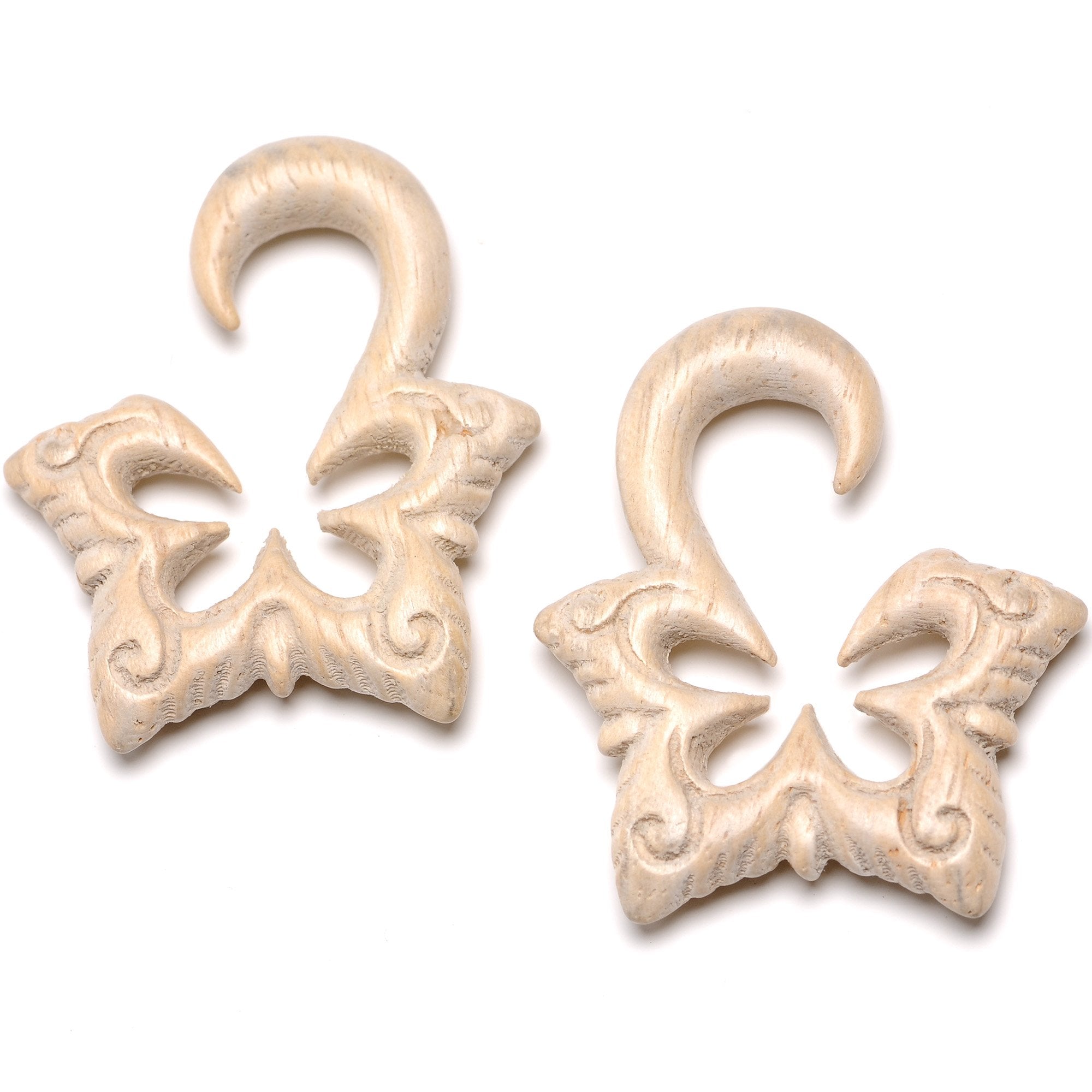 Organic Hand Carved Wood Lotus Flower Butterfly Hanger Plug Set 4mm to 10mm
