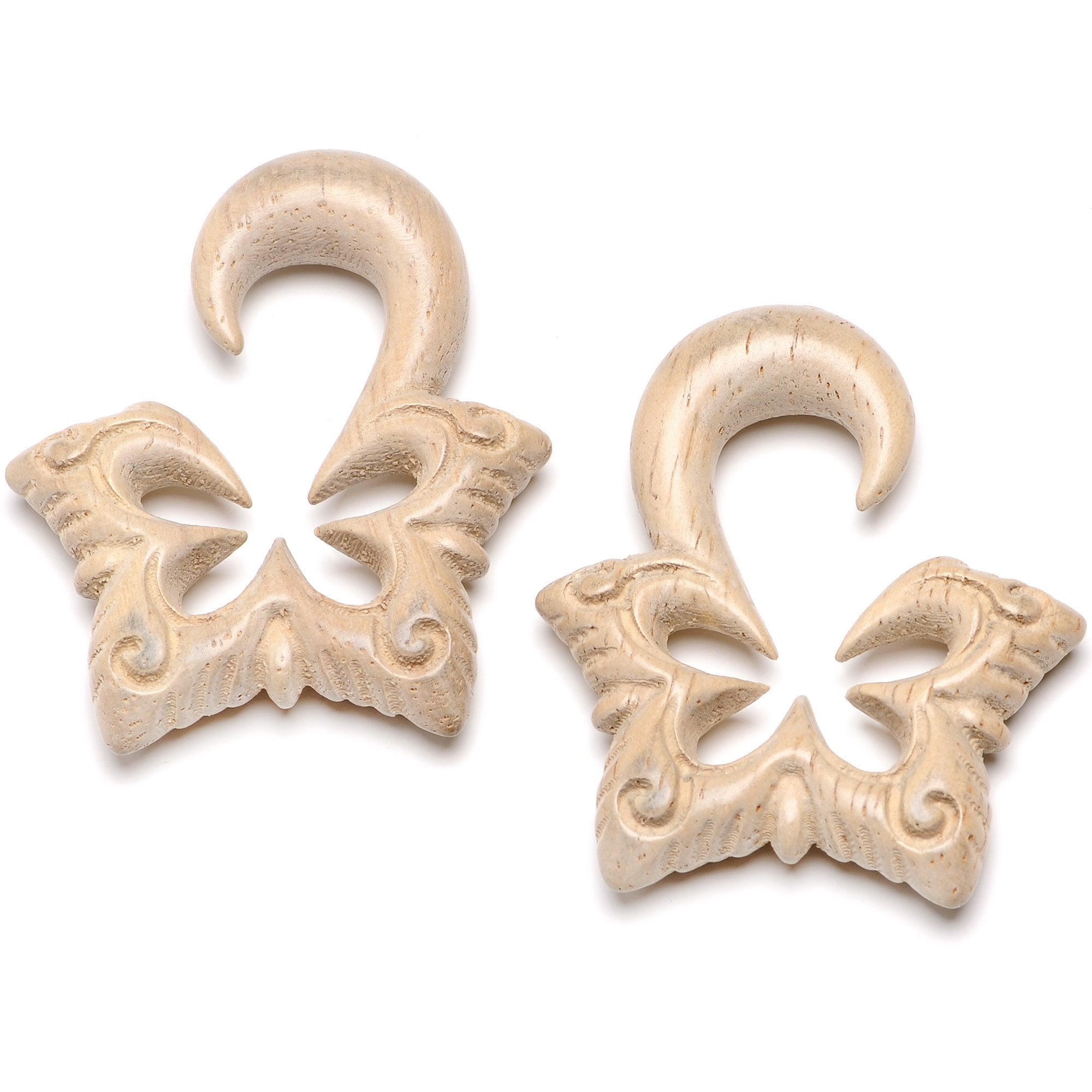 Organic Hand Carved Wood Lotus Flower Butterfly Hanger Plug Set 4mm to 10mm
