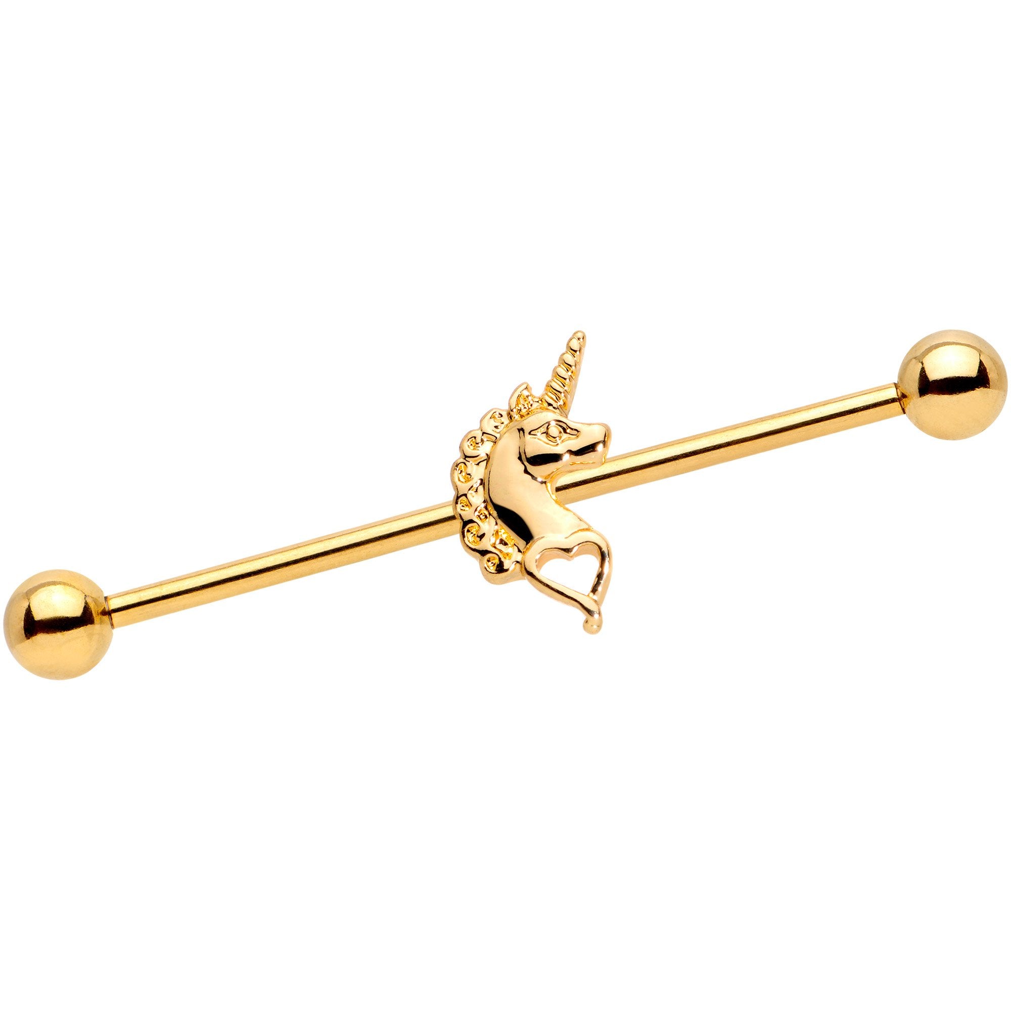 Unicorn Heart Charm Gold Anodized Straight Industrial Barbell 38mm