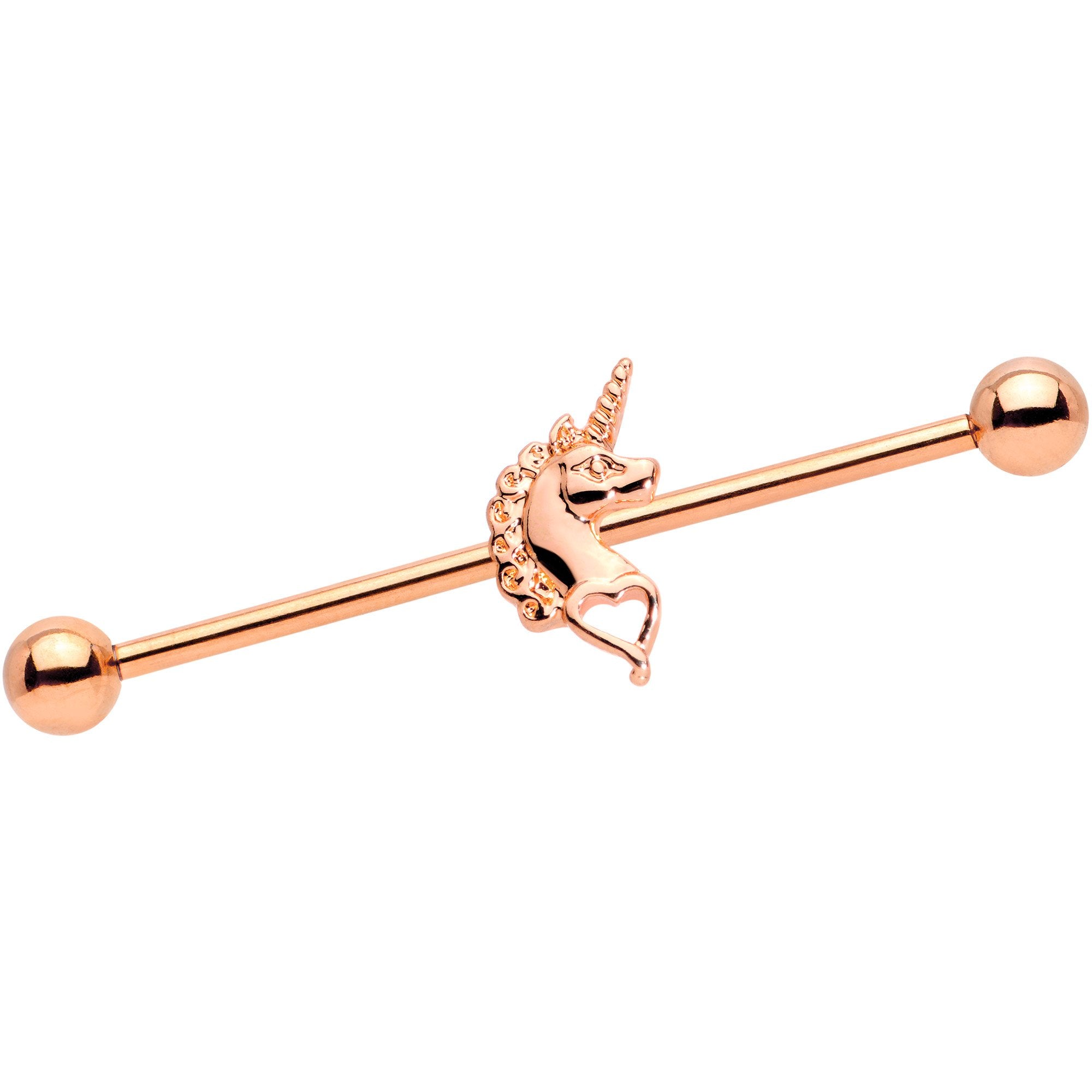 Unicorn Heart Charm Rose Gold Anodized Straight Industrial Barbell 38mm