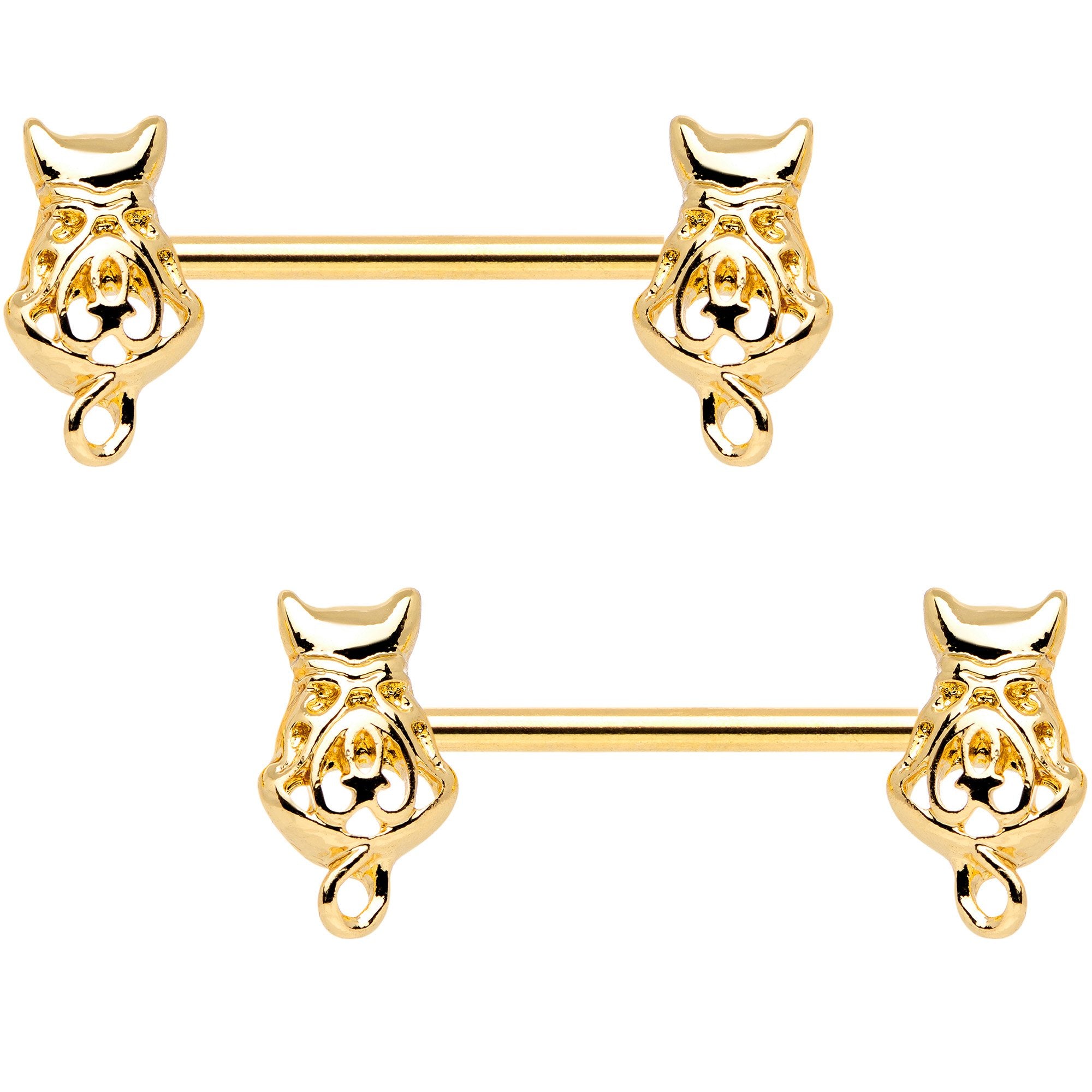 14 Gauge 9/16 Gold Tone Kitty Cat Barbell Nipple Ring Set