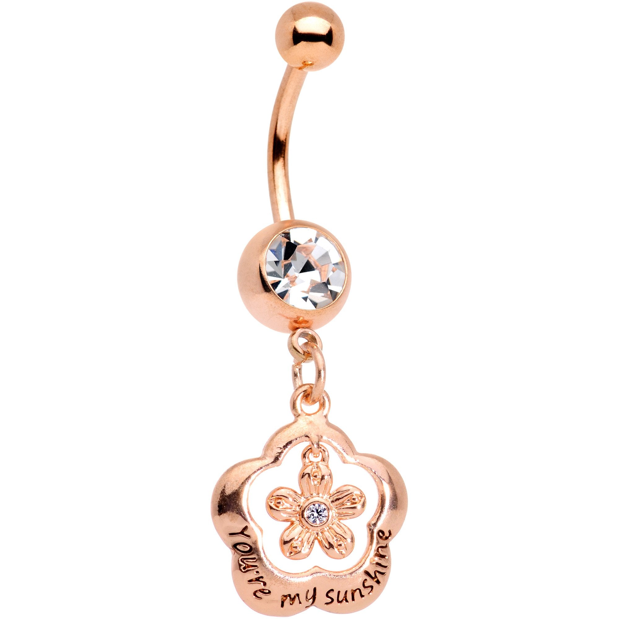 Clear Gem Rose Gold Tone Youre My Sunshine Flower Dangle Belly Ring