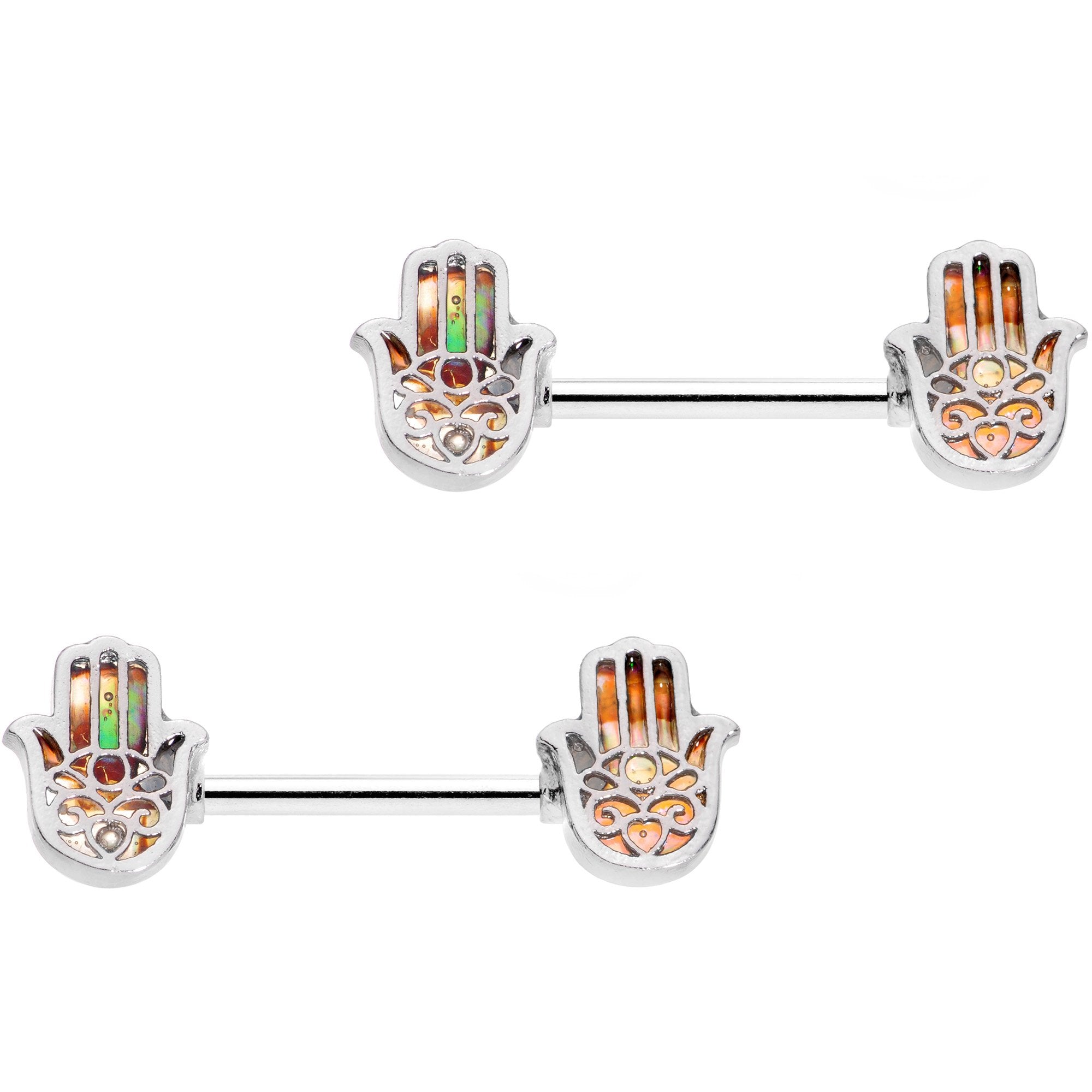 Lotus Flower Pattern Hamsa Hand Barbell Nipple Ring Set of 2