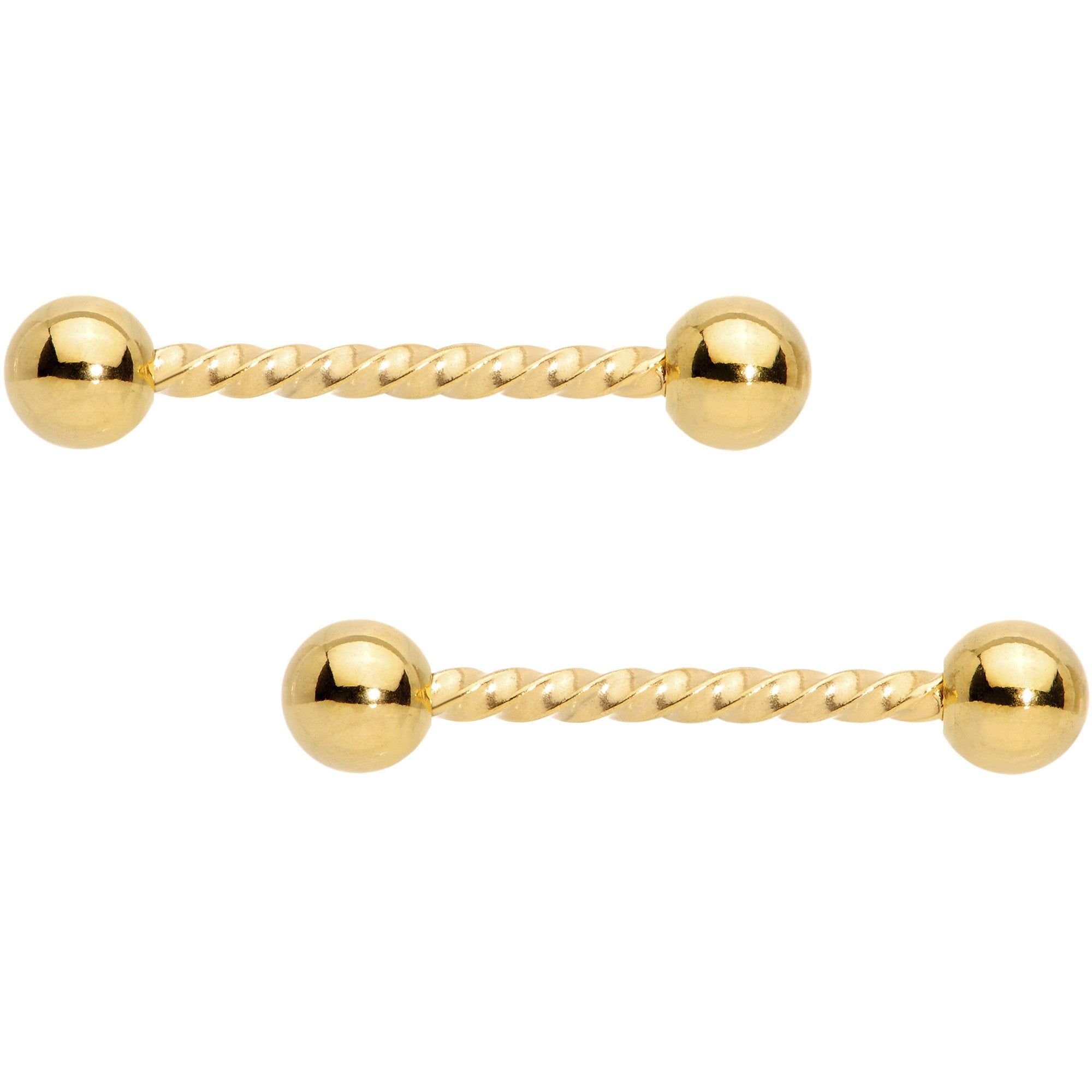 14 Gauge 5/8 Gold Tone Twisted Barbell Nipple Ring Set