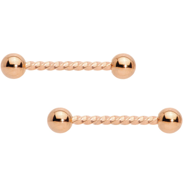 14 Gauge 5/8 Rose Gold Tone Twisted Barbell Nipple Ring Set
