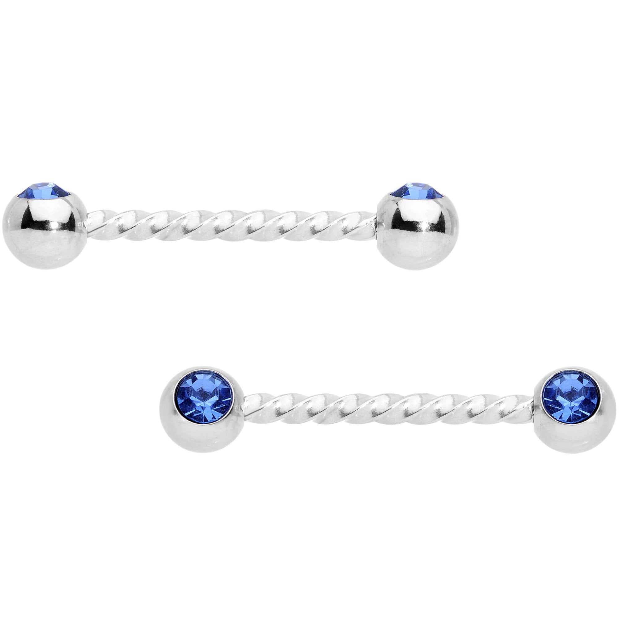 14 Gauge 5/8 Blue Gem Twisted Barbell Nipple Ring Set