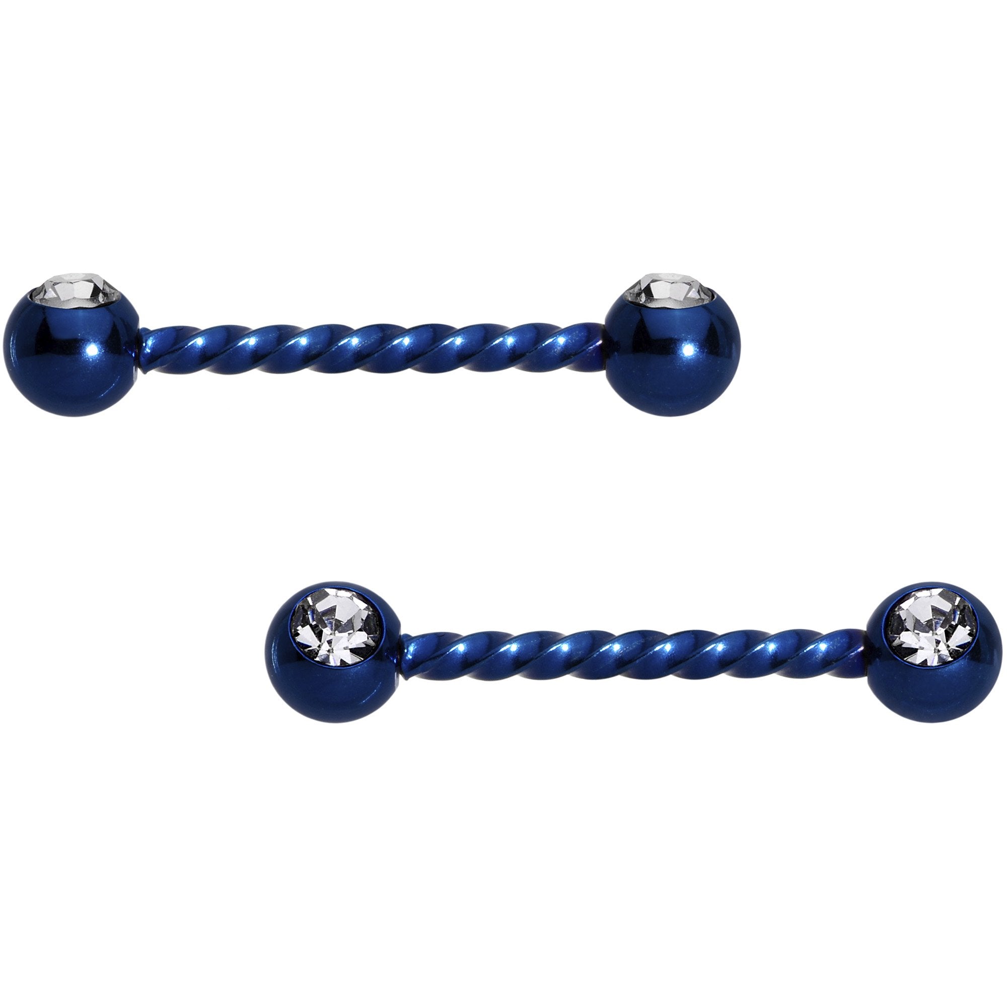 14 Gauge 5/8 Clear Gem Royal Blue Twisted Barbell Nipple Ring Set